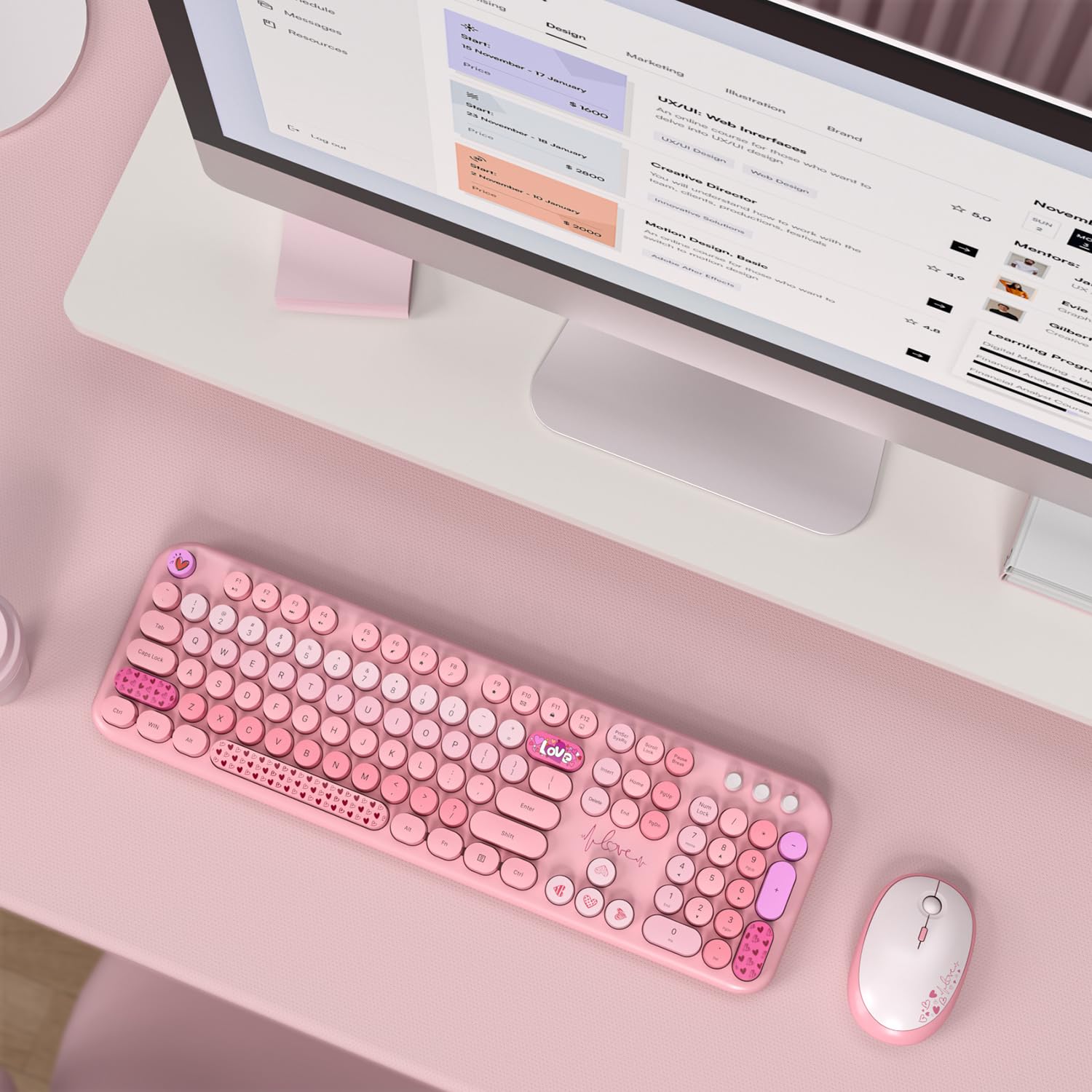 MOFII Wireless Keyboard and Mouse Combo Full Sized 104 Keys Round Keycap 2.4G USB Pale Pink