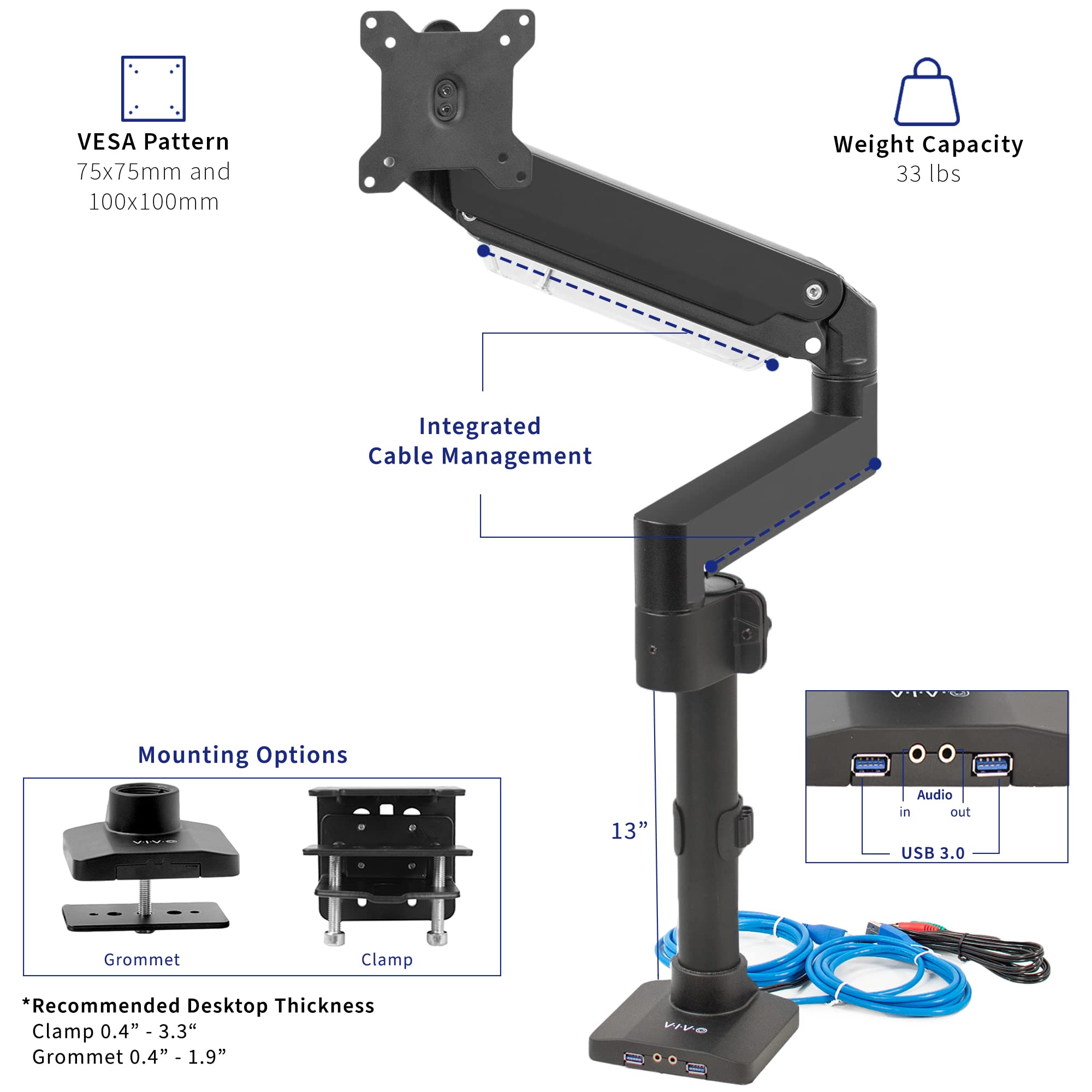 VIVO Premium Aluminum Tall Extended Monitor Arm for Ultrawide Monitors up to 49 inches and 33 lbs, USB Single Desk Mount Stand, Pneumatic Height Adjust, Max VESA 100x100, Black, STAND V101GTU