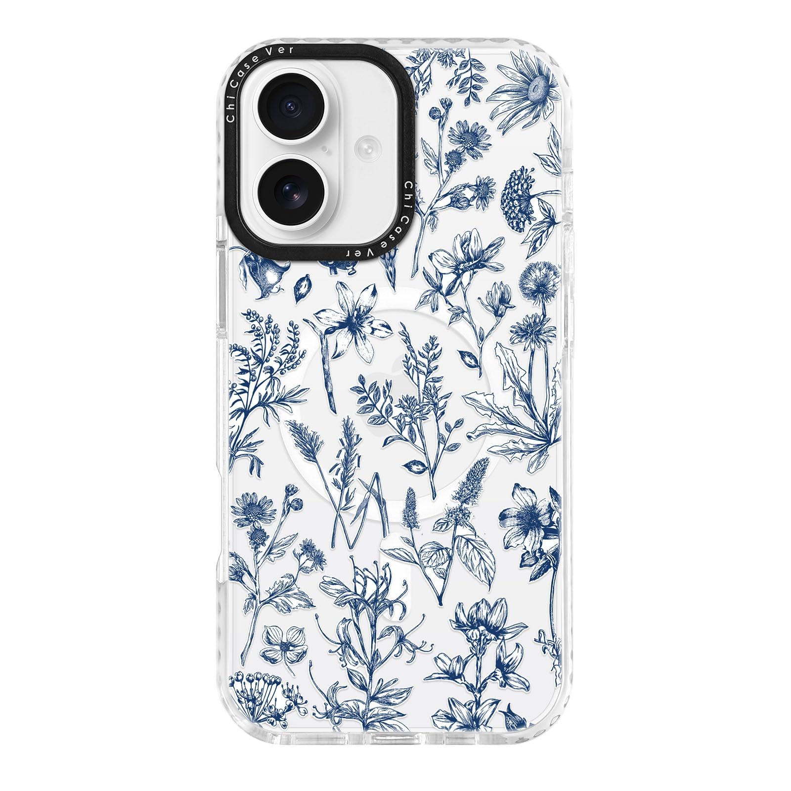 ChiCaseVer for iPhone 16 Case, Blue White Toile Floral Botanical Pattern, Wildflower Soft Slim TPU Compatible with MagSafe & Mil