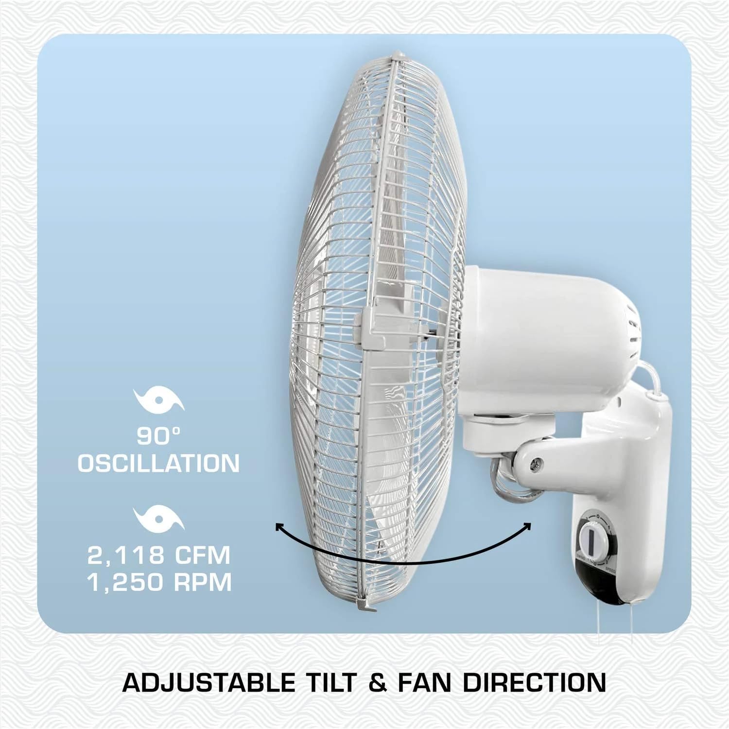 Hurricane Wall Mount Fan, Quiet 90 Degree Oscillating Fan With 3 Speeds, 16'' Classic