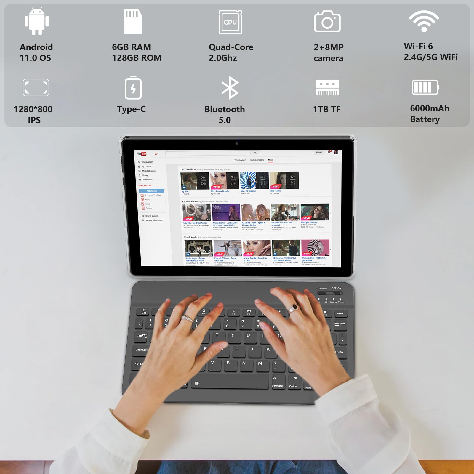 Tablet 2 In 1 6Gb+128Gb Android 11 Tablets, 10.1 Inch Tablet With Keyboard Mouse Case Stylus, 2.4G/5G Wifi 6, 1.8Ghz Computer Ta