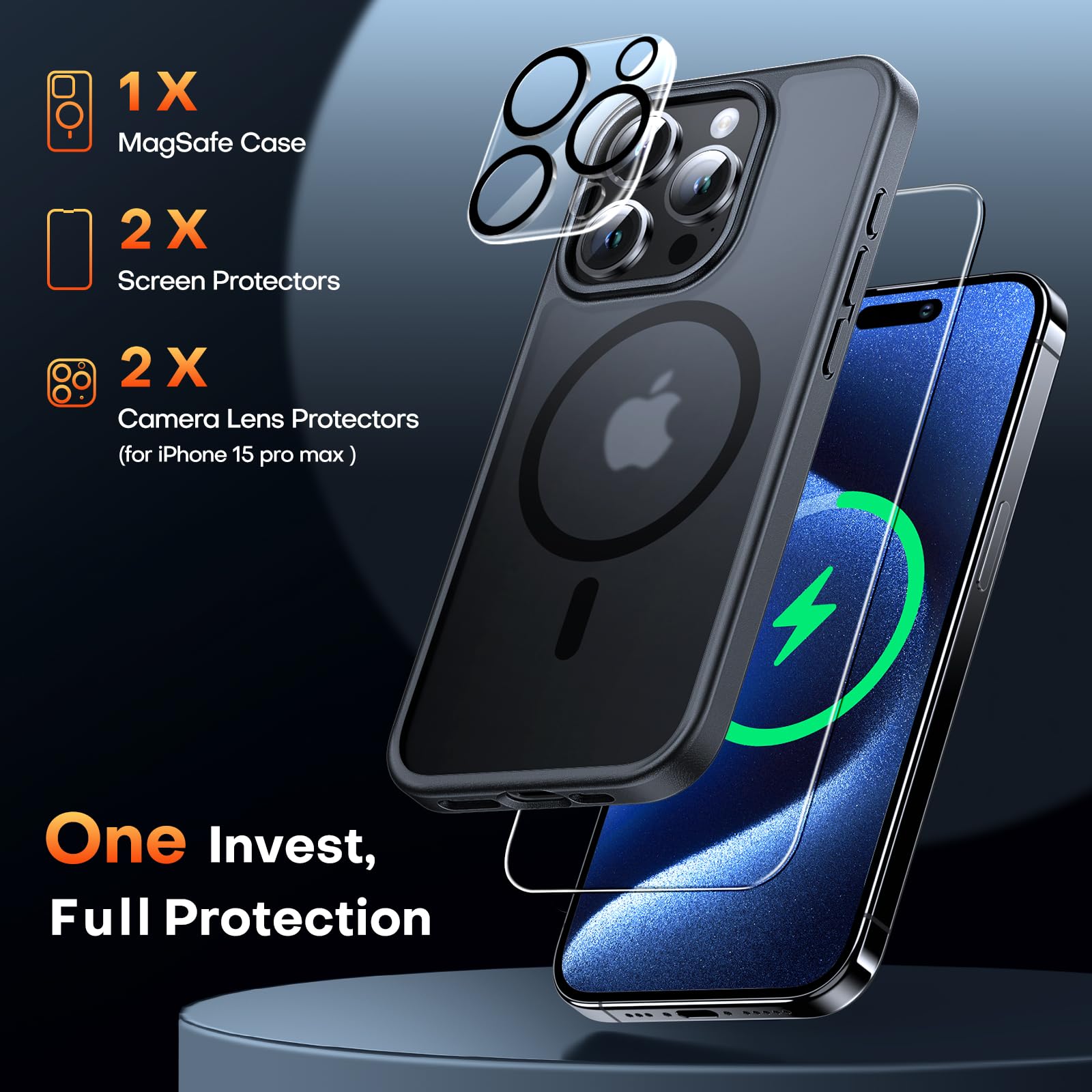 Tauri Magnetic For Iphone 15 Pro Max Case Black, [Designed For Magsafe] With 2X Screen Protectors + 2X Camera Lens Protectors, T