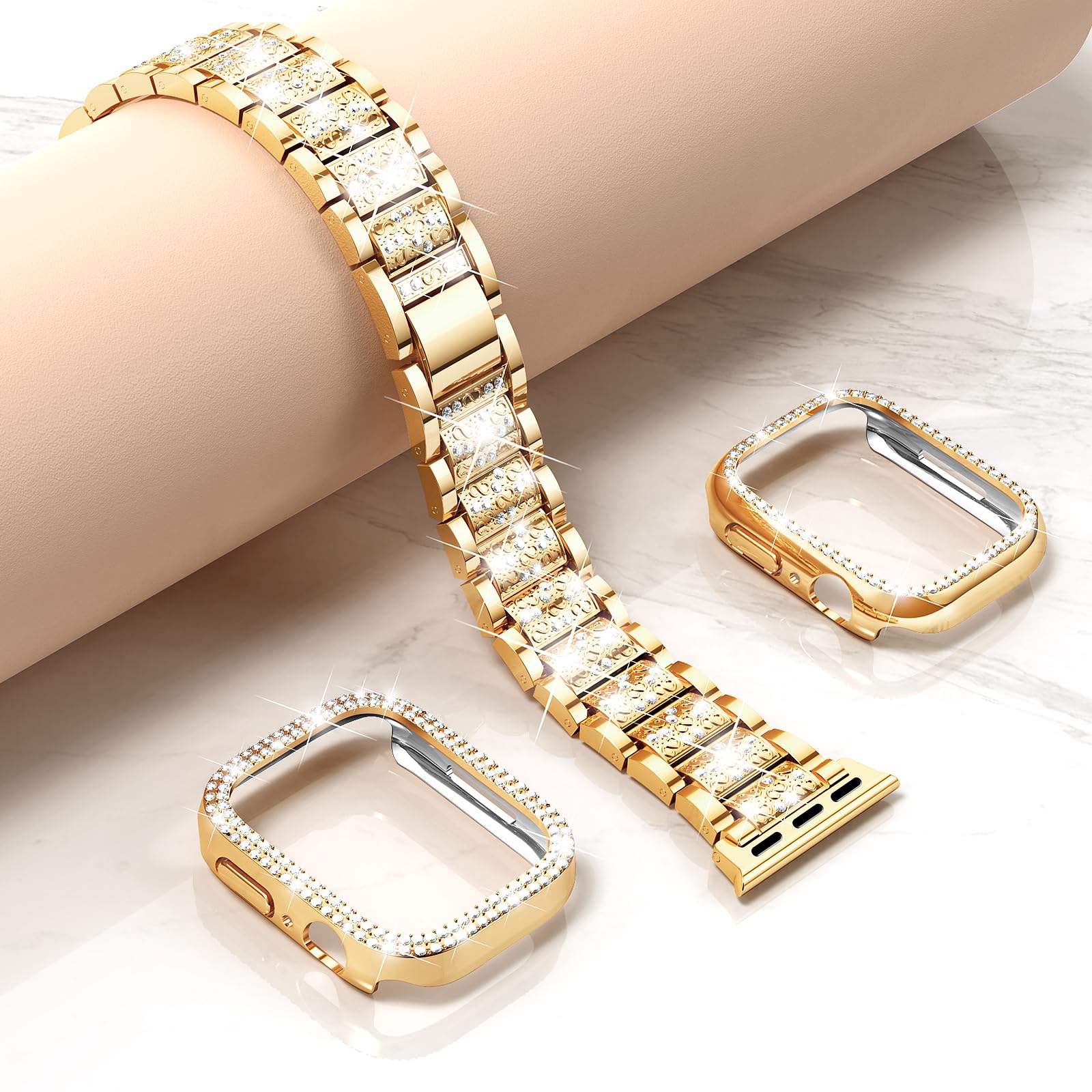 Mosonio Compatible With Apple Watch Band Series 9/8/7 41Mm With Case Women, Jewelry Replacement Metal Wristband Strap With 2 Pac