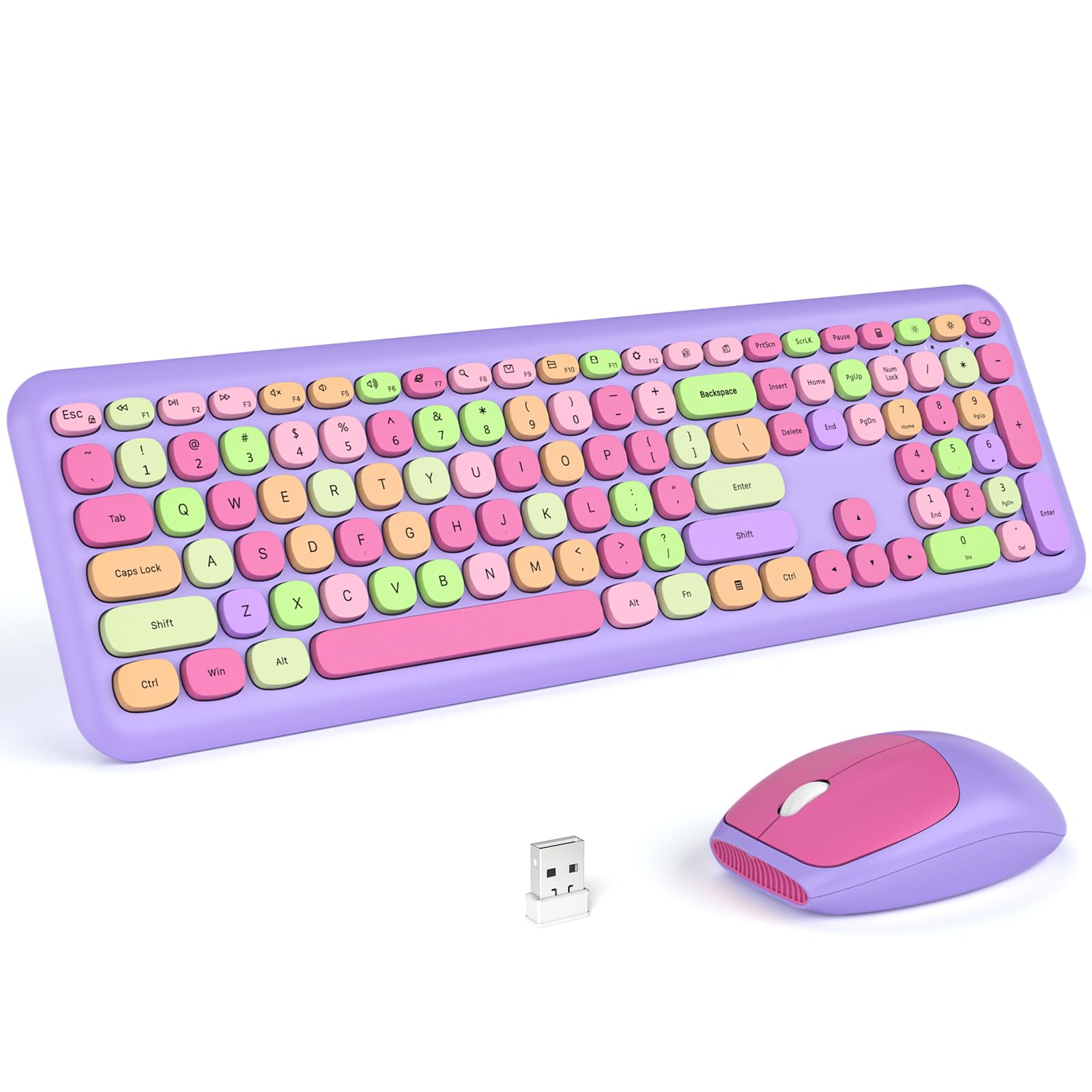Knowsqt Wireless Keyboard And Mouse Combo, Pale Purple Full Sized 2.4G Silent Keycap Colorful Keyboards, Usb Dongle Plug Play, L