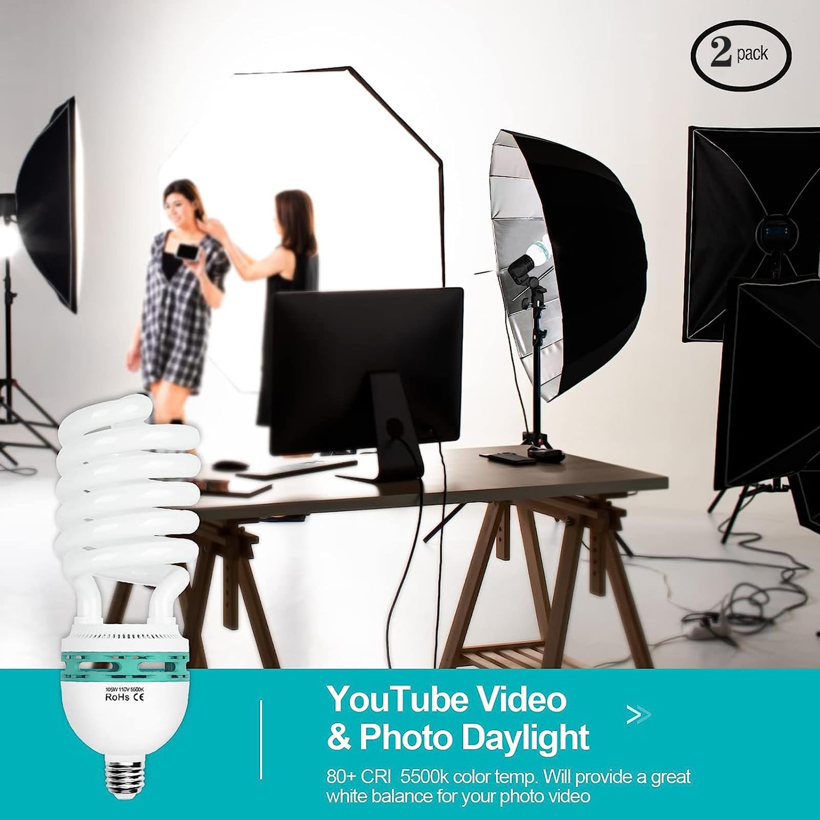 Emart Full Spectrum Light Bulb, 105W Cfl 5500K Daylight Video Bulb For Softbox Lighting Kit, Replacement Lamp For Photography Ph