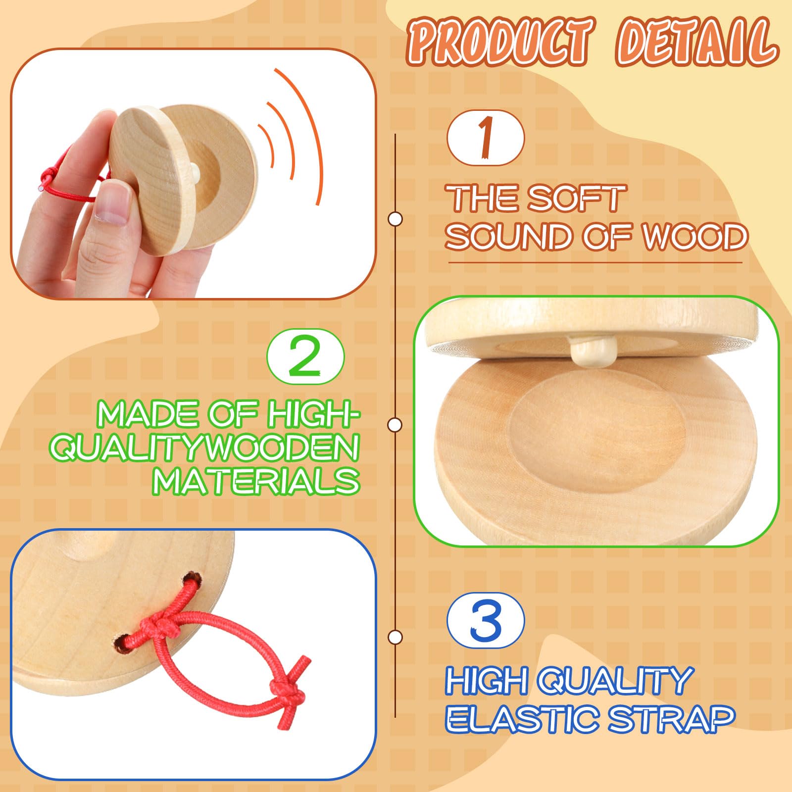 Lukmaa 48 Pcs Castanets Wooden Musical Instrument Wood Baby Hand Finger Castanets Rhythm Clap Board Educational Percussion Creat