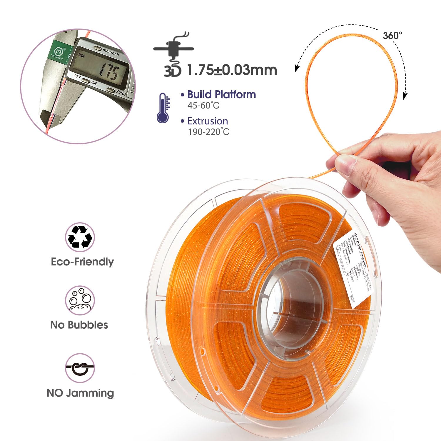 Isanmate 3D Printer Filament, Transparent Glitter Orange Pla Filament 1.75 Mm, 3D Printing Filament 1Kg/2.2Lb
