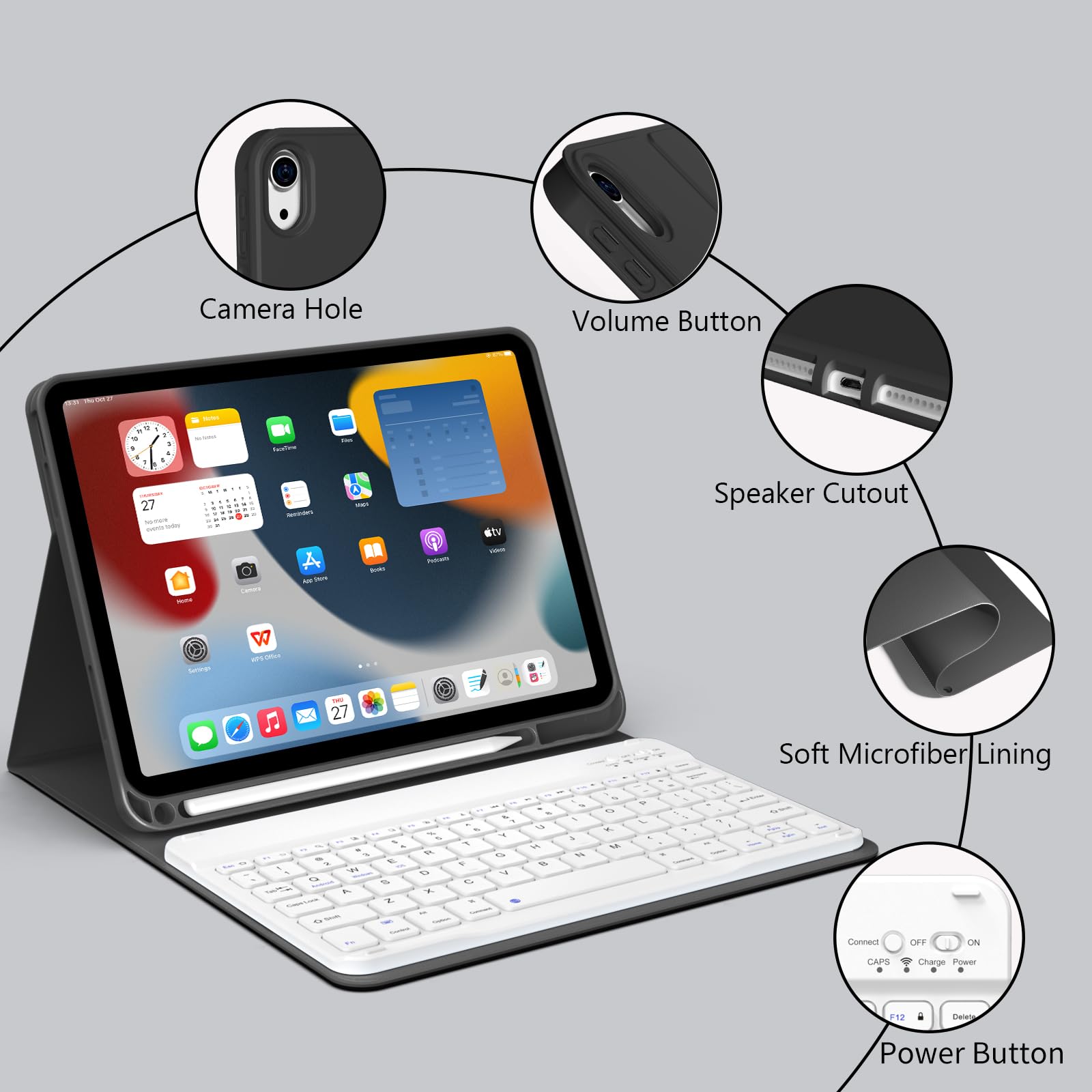 Jksml 10.9 Inch Ipad 10Th Generation Case 2022 With Keyboard And Pencil Holder, Rechargeable Detachable Wireless Bluetooth Keybo