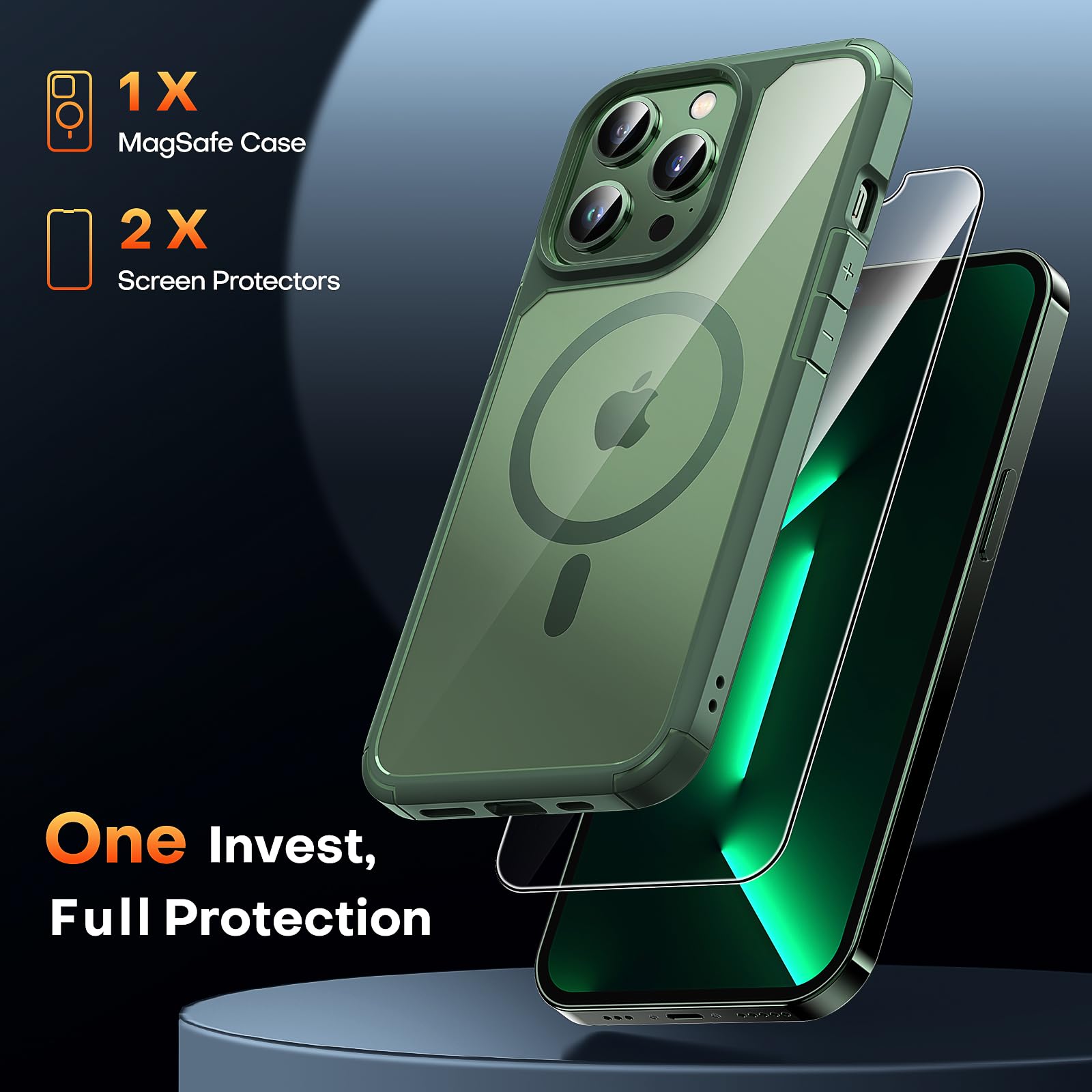 Tauri 5 In 1 Magnetic For Iphone 13 Pro Max Case Green, [Designed For Magsafe] With 2X Screen Protectors, [Not Yellowing] Shockp