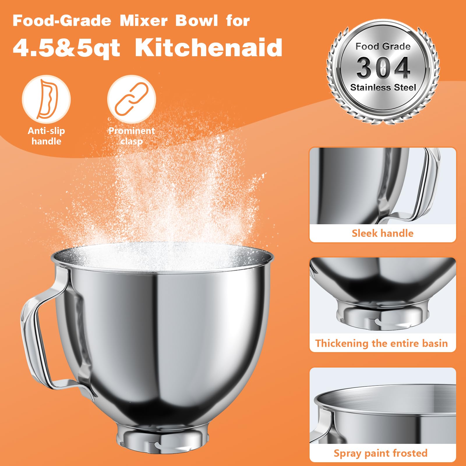 5 Qt Food Grade Stainless Steel Mixer Bowl Compatible With Kitchenaid Tilt Head Stand Mixers 4.5 5 Quart, With Anti Slip Handle