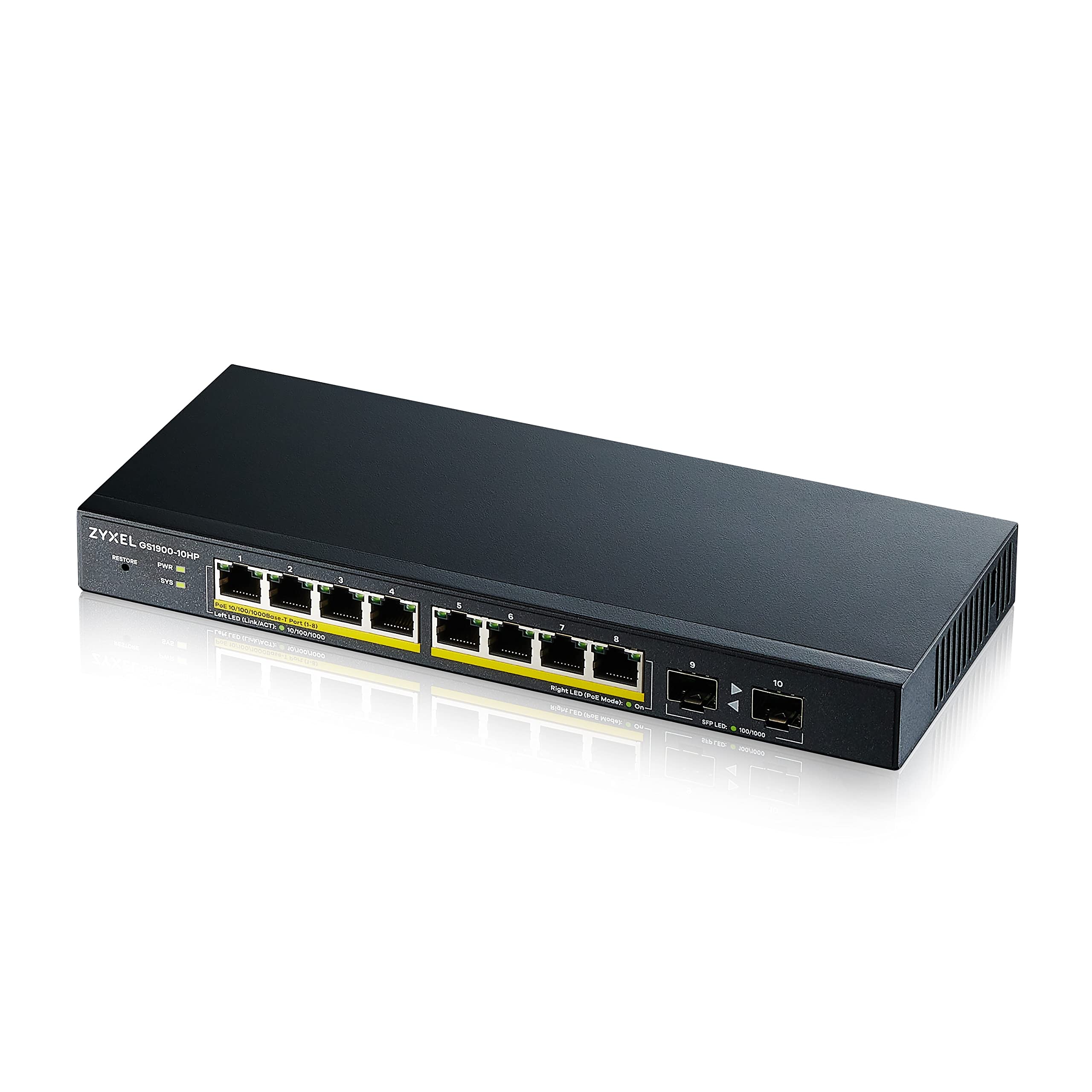 ZYXEL 10-Port PoE Switch Gigabit Ethernet Smart (GS1900-10HP) - Managed, with 8x PoE+ @ 77W, 2x SFP, Desktop or Wall mount, Limi
