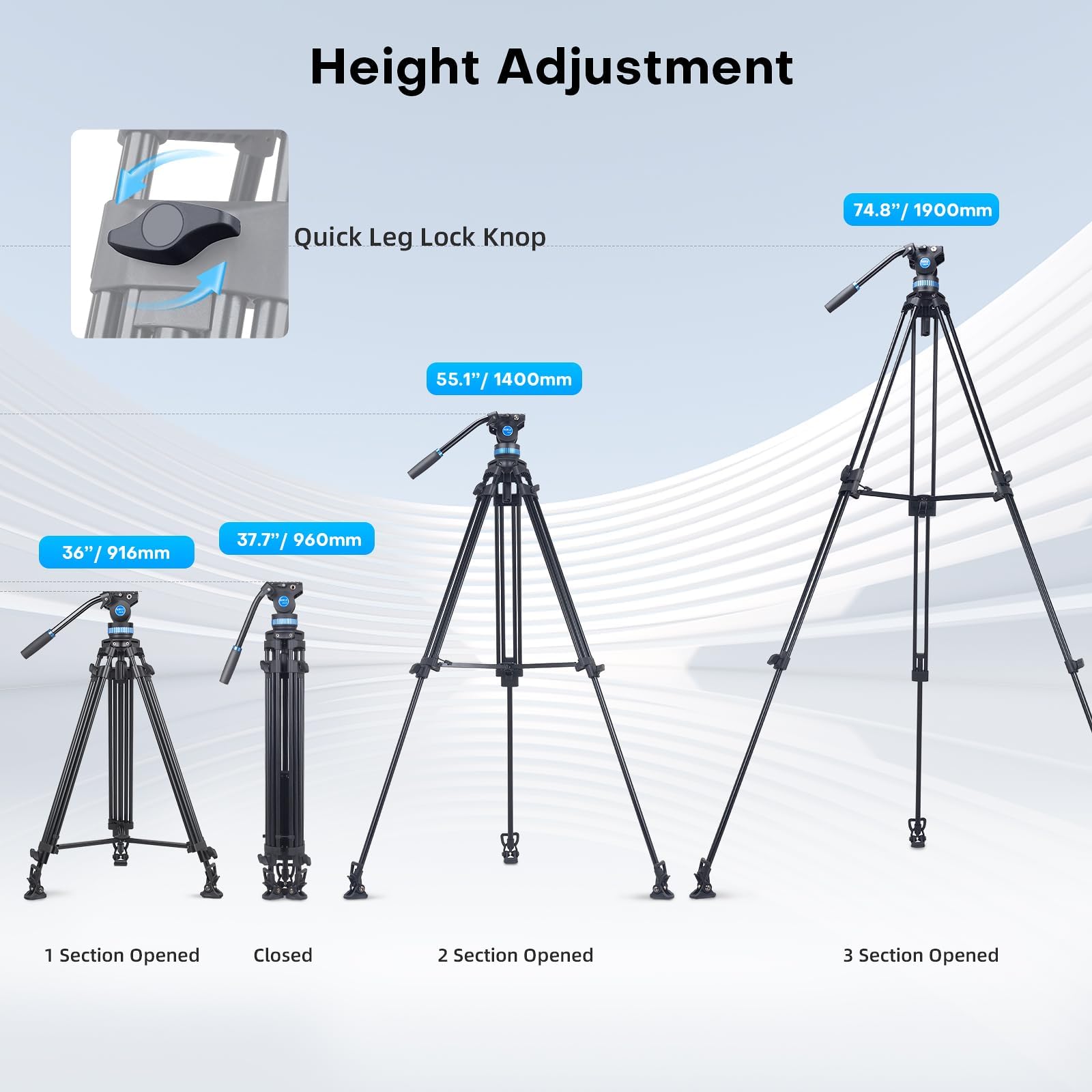 Sirui Am 25S Video Tripod, 74.8' Professional Heavy Duty Tripod With Adjustable Damping Fluid Head For Camcorder, Cameras, Dslr, 360� Pan & +90�/ 75� Tilt, Quick Release Plate, Max Load 22.0Lb