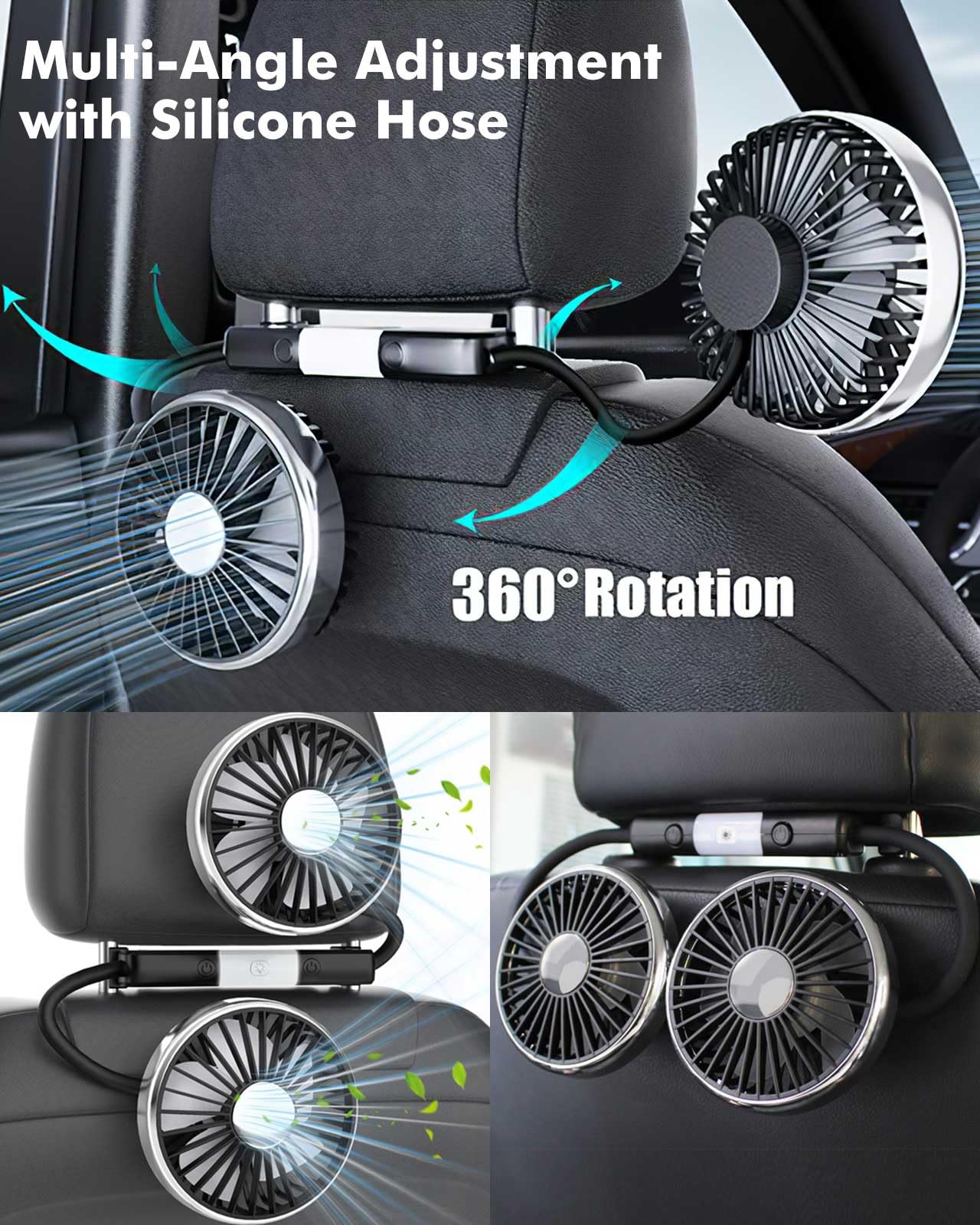 Nauttxon Hose Car Fan For Backseat Kids With Led Lights, Usb Fan For Backseat Of Car, Independent Control 3 Speeds 360Rotatable