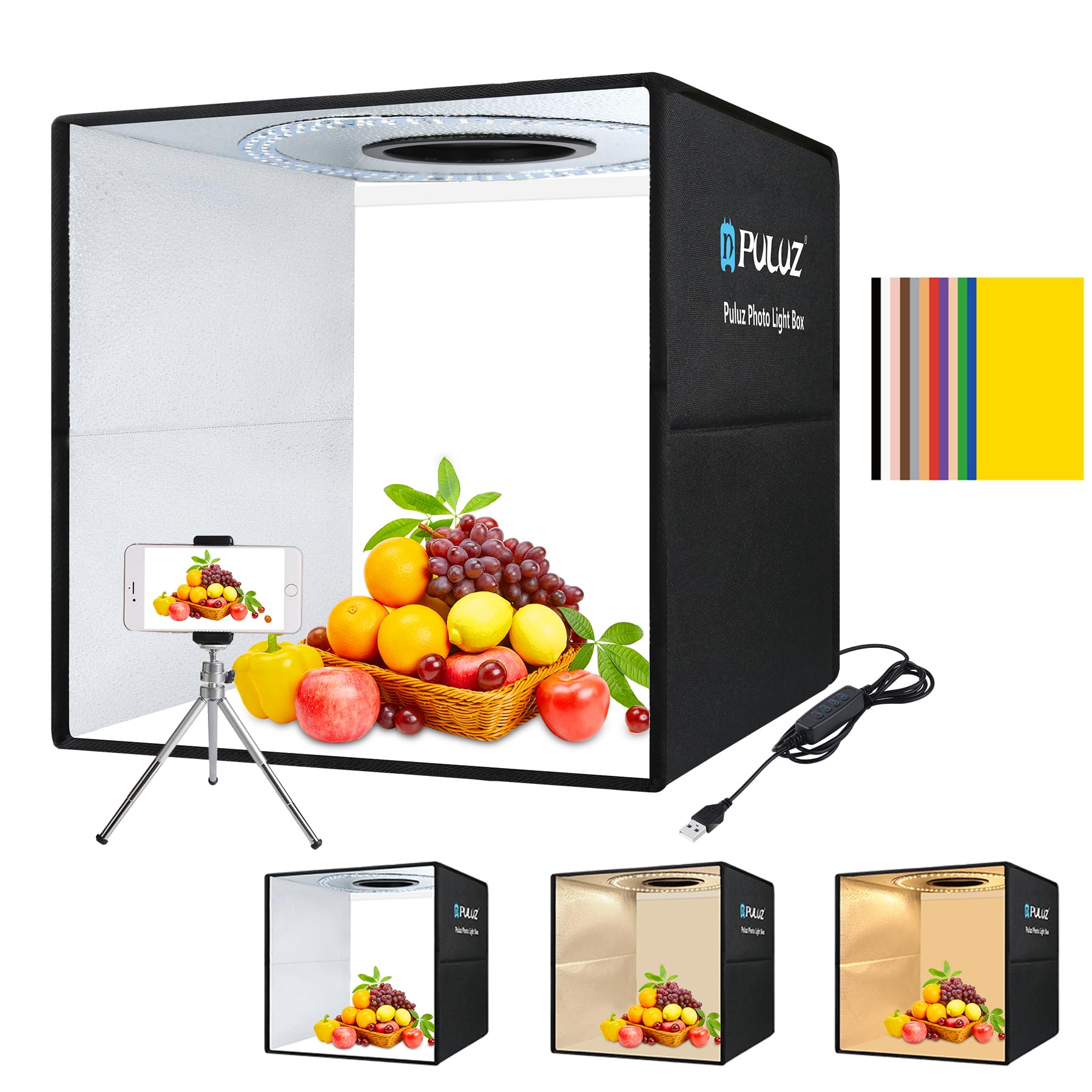 Puluz Photo Light Box, 16'' X 16'' Professional Foldable Portable Studio Photography, Tri Color Dimmable Light Shooting Tent Box