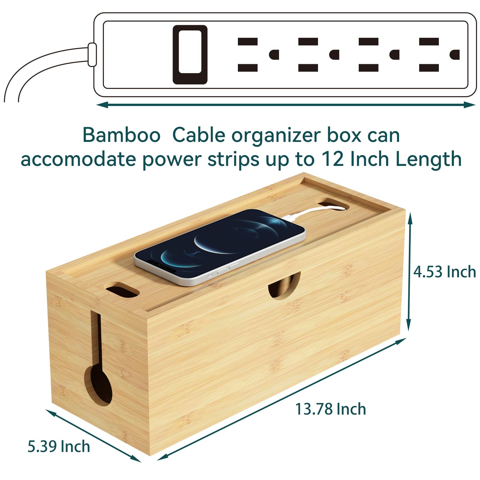 Bamboo Cable Management Box, Medium Cord Organizer Box Cable Box To Hide Wires & Power Strips For Desktop Storage Cord Holder Fo