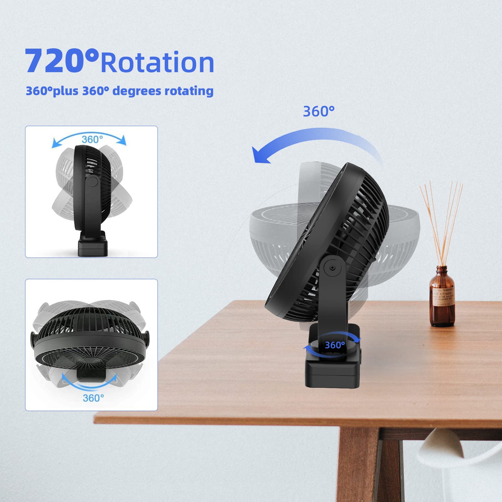 Atengeus Usb Desk Fan, Rechargeable Portable Fan, 8 Inch Clip On Fan, 10000Mah Stroller Fan, 4 Speeds Strong Airflow, 720� Rotation, With Sturdy Clamp, Suitable For Home, Office And Stroller