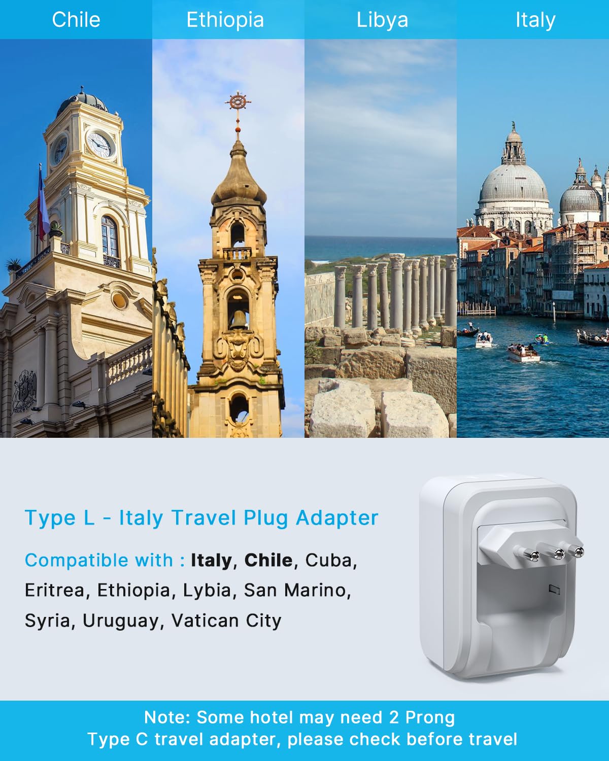 2 Pack Italy Travel Plug Adapter, Vintar Foldable Italy Power Adapter With 3 Usb Ports(2 Usb C) And 2 American Outlets, 3 Prong