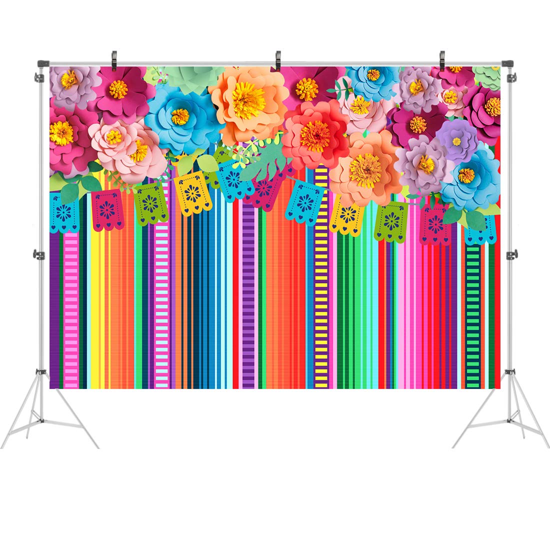 Ticuenicoa 7X5Ft Mexican Fiesta Backdrop Photobooth Flowers Fiesta Background Drop Cinco De Mayo Backdrop For Pictures Floral Stripes Flags Birthday Party Mexican Party Decoration Photo Booth Props