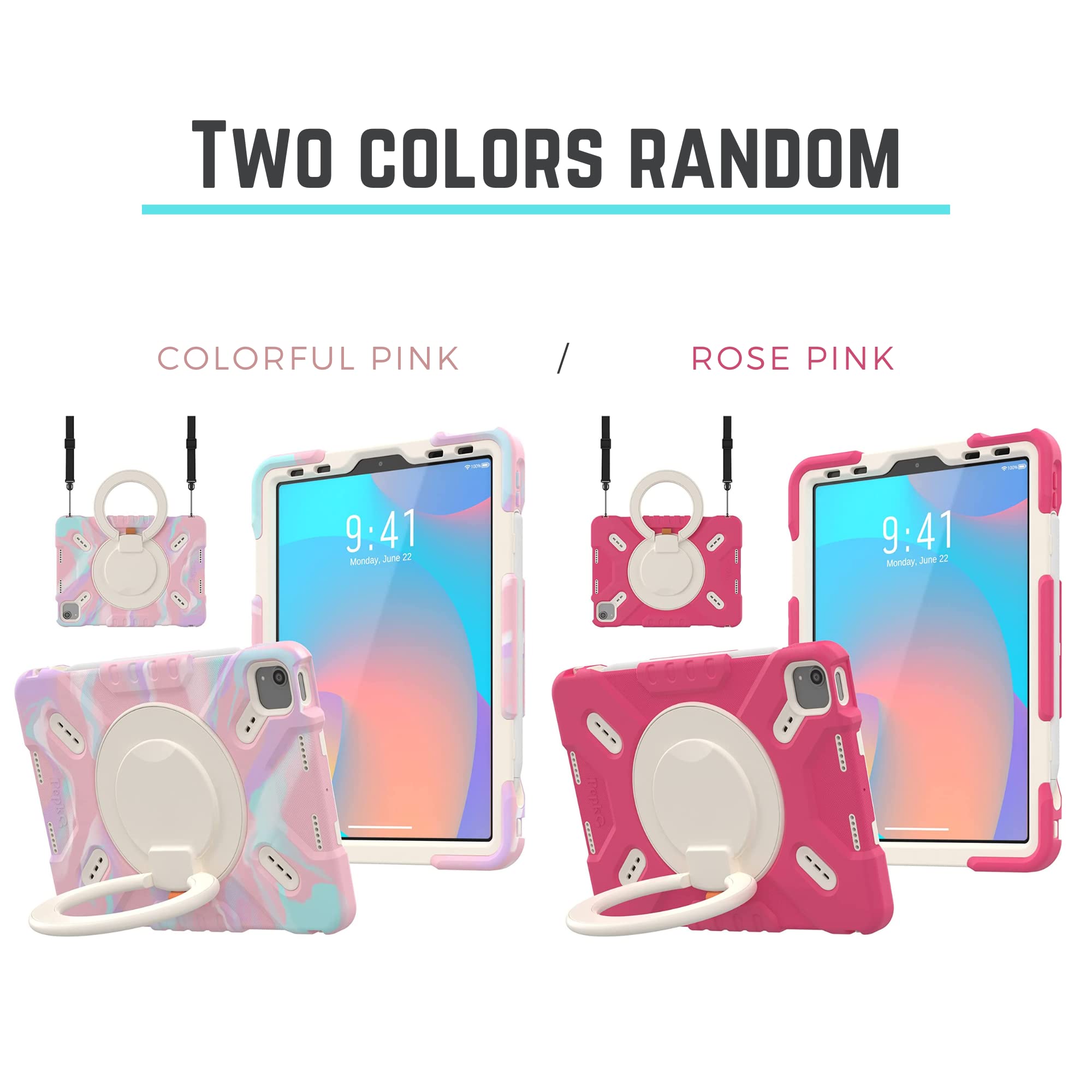 Triple Shockproof Case For Ipad Air 5Th/4Th Generation 10.9 Inch 2022/2020 And Pad Pro 11 Case 2022 2021 2020 2018 Gen, Kids Boy Girl Cover With Kickstand, Shoulder Strap (Pink)