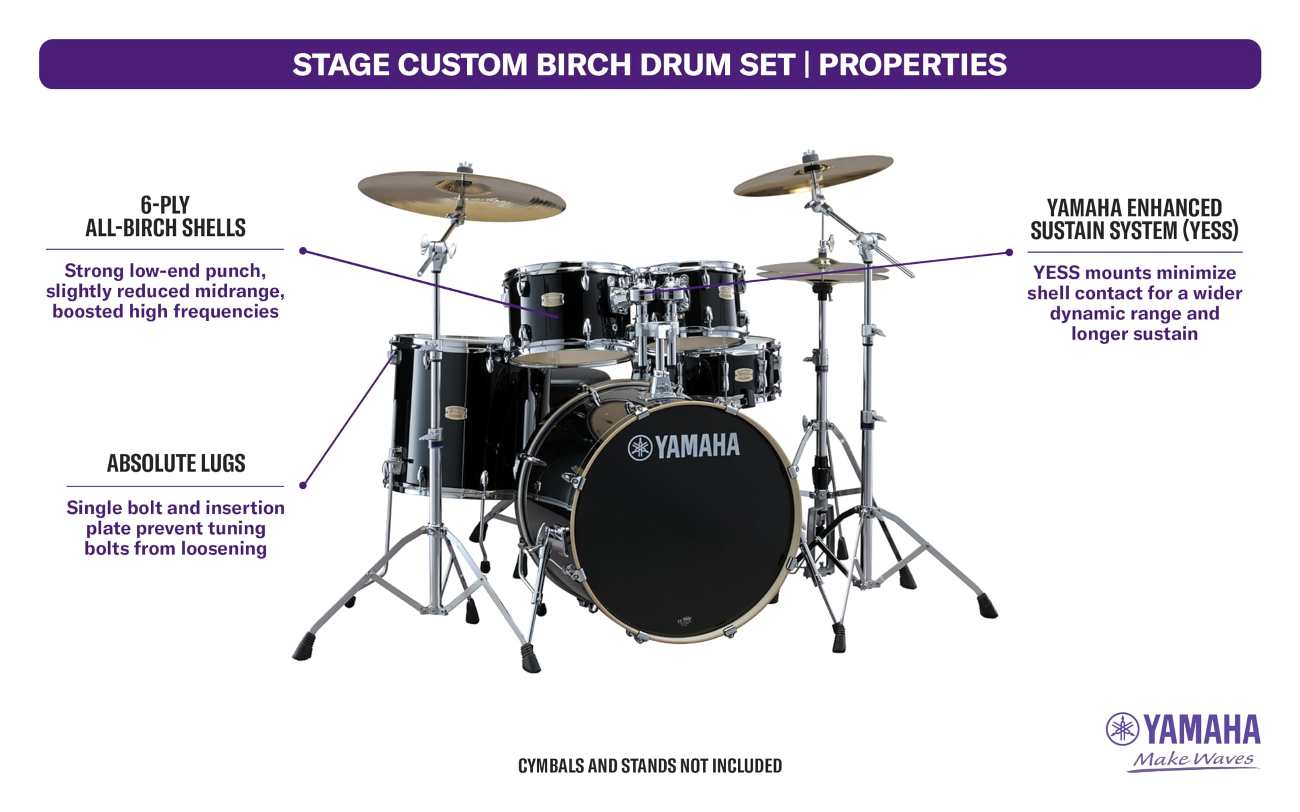 Yamaha Stage Custom Birch 3Pc Bop Drum Shell Pack - 18 Kick, Raven Black
