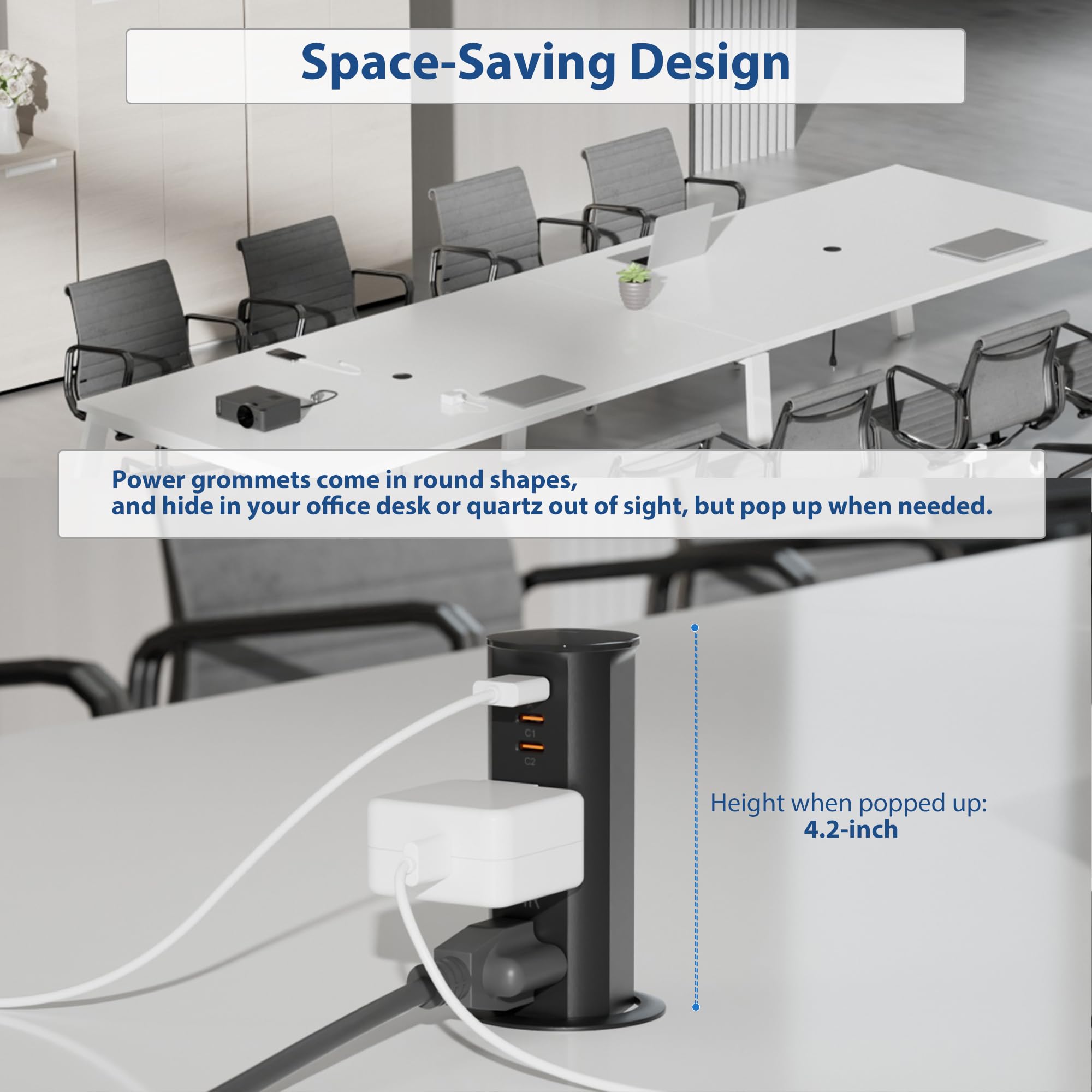 2 Inch Pop Up Outlet For Countertop,Power Grommet 2 Inch Desk Wire Hole Insert,20W Usb C,2 Outlets,2 Usb C/1 Usb A,Recessed Outl