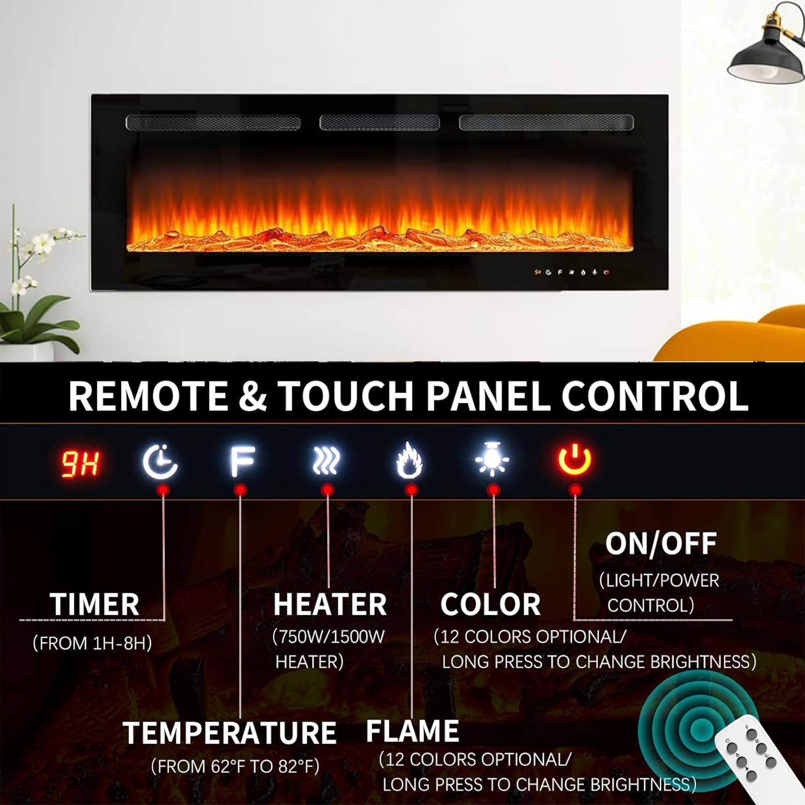 Oneinmil Electric Fireplace, 50 Inch Wide Recessed/Wall Mounted Electric Fireplace, Remote Control With Timer 12 Adjustable Colo