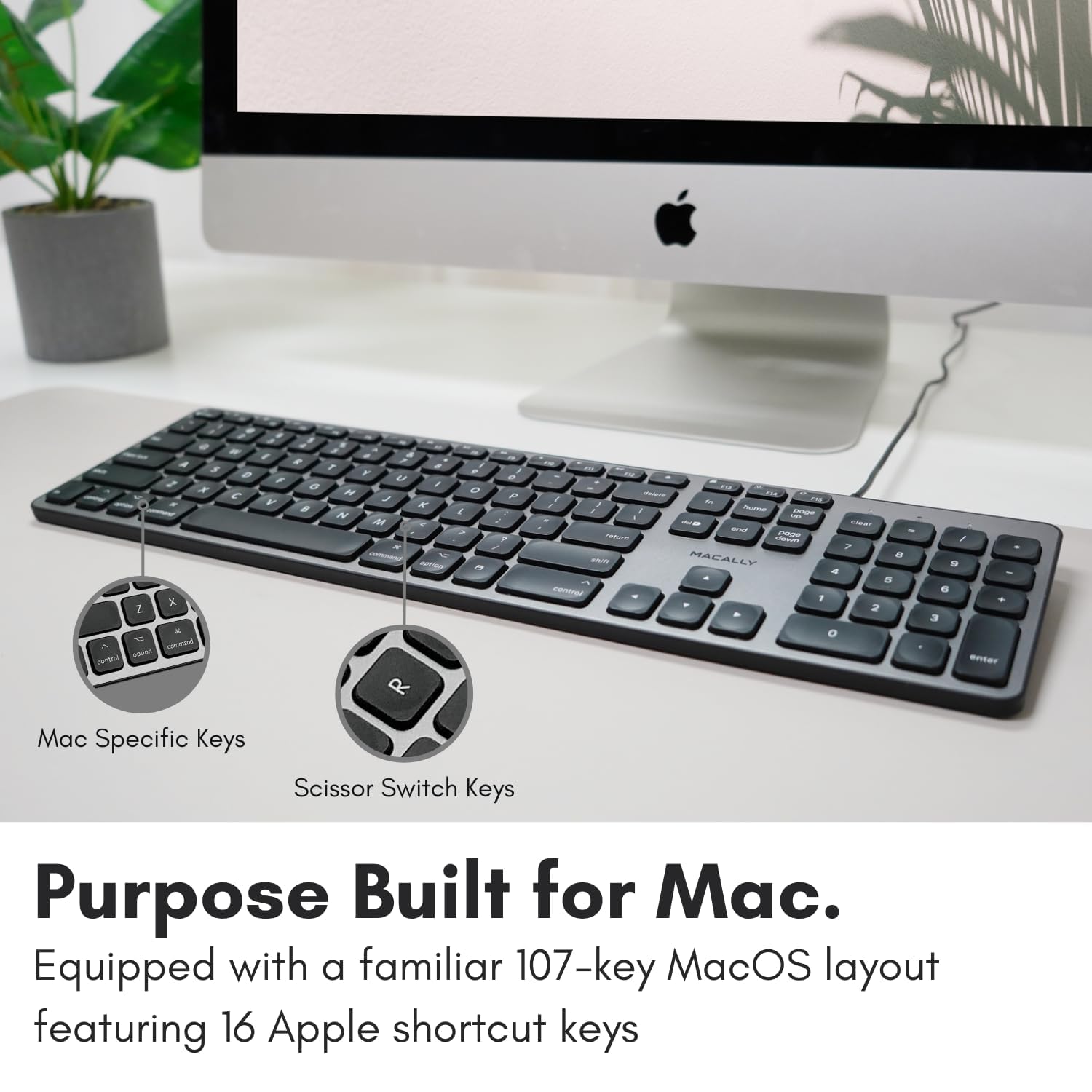Macally Backlit Mac Keyboard Wired   Quiet, Sleek, And Functional   3 Brightness Levels, 107 Keys   5Ft Usb Wired Apple Keyboard