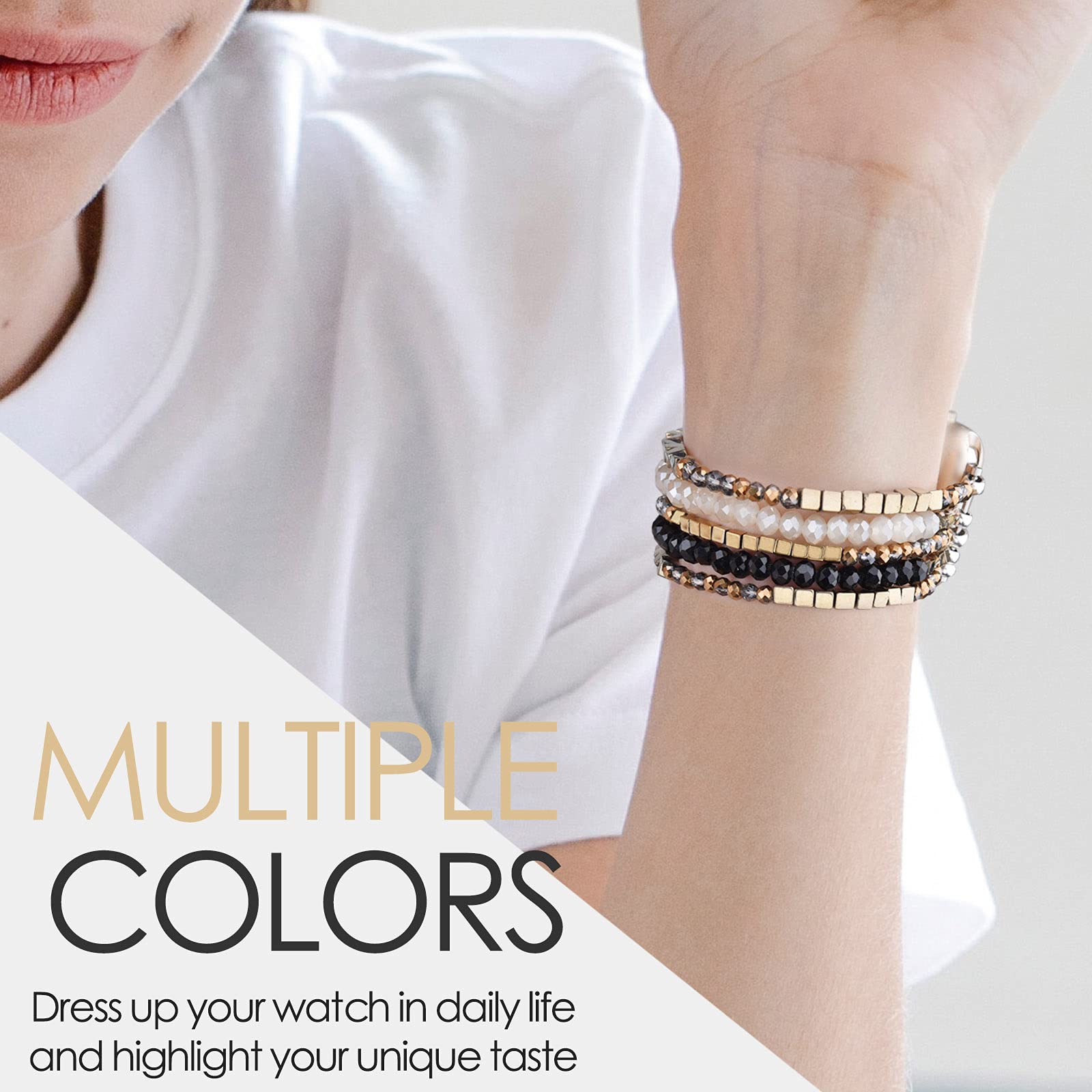 Mofree Beaded Bracelet Compatible For Apple Watch Band 45Mm/44Mm/42Mm Women, Fashion Handmade Pearl Beads Elastic Stretch Strap