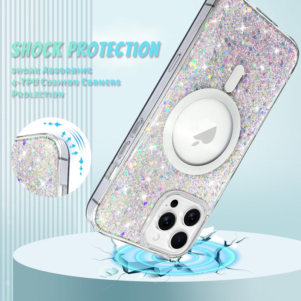 Bonoma For Iphone 12 Case, Sparkly Glitter Bling Back, Magnetic Support For Magsafe Shockproof Case, Crystal And Clear High Duty