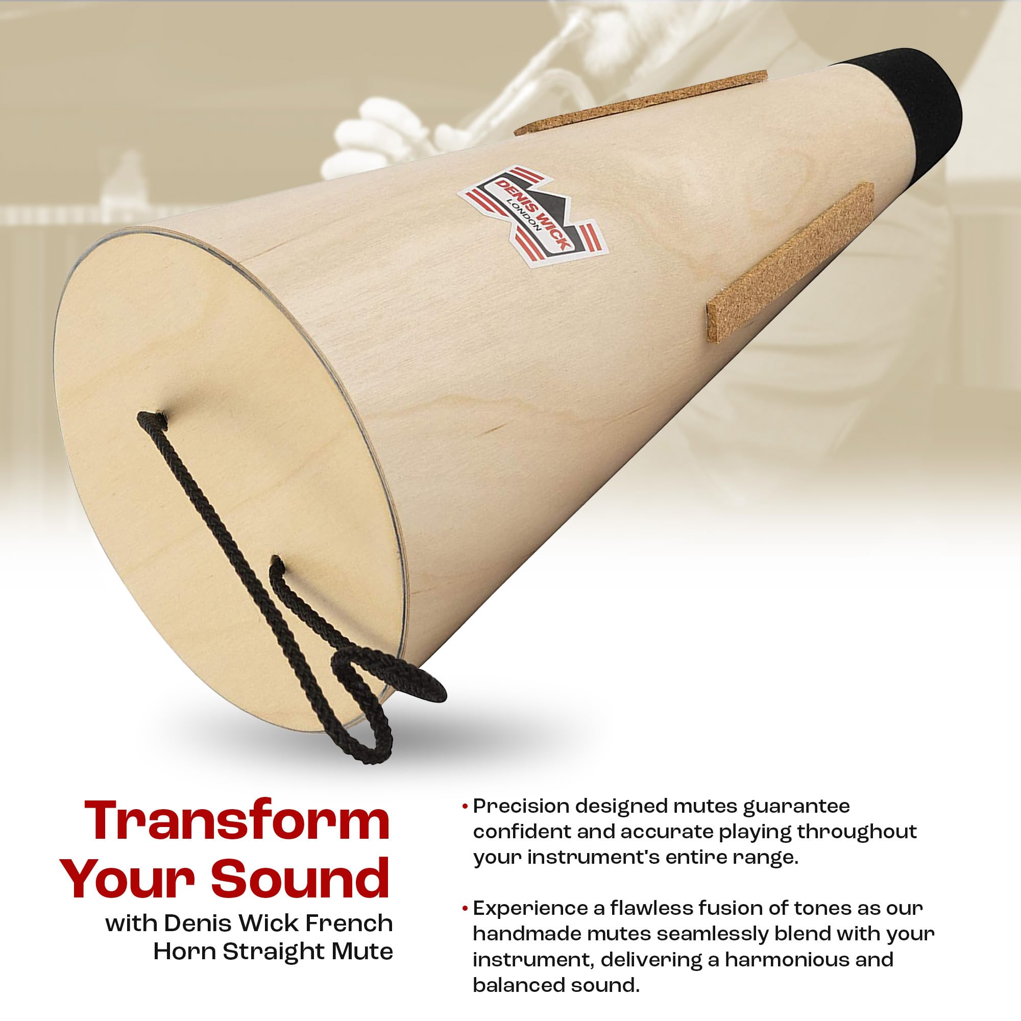 Denis Wick Wooden Straight Mute For French Horn | Accessories For Brass Players | Wooden Straight Mute For Earthy Tone Register