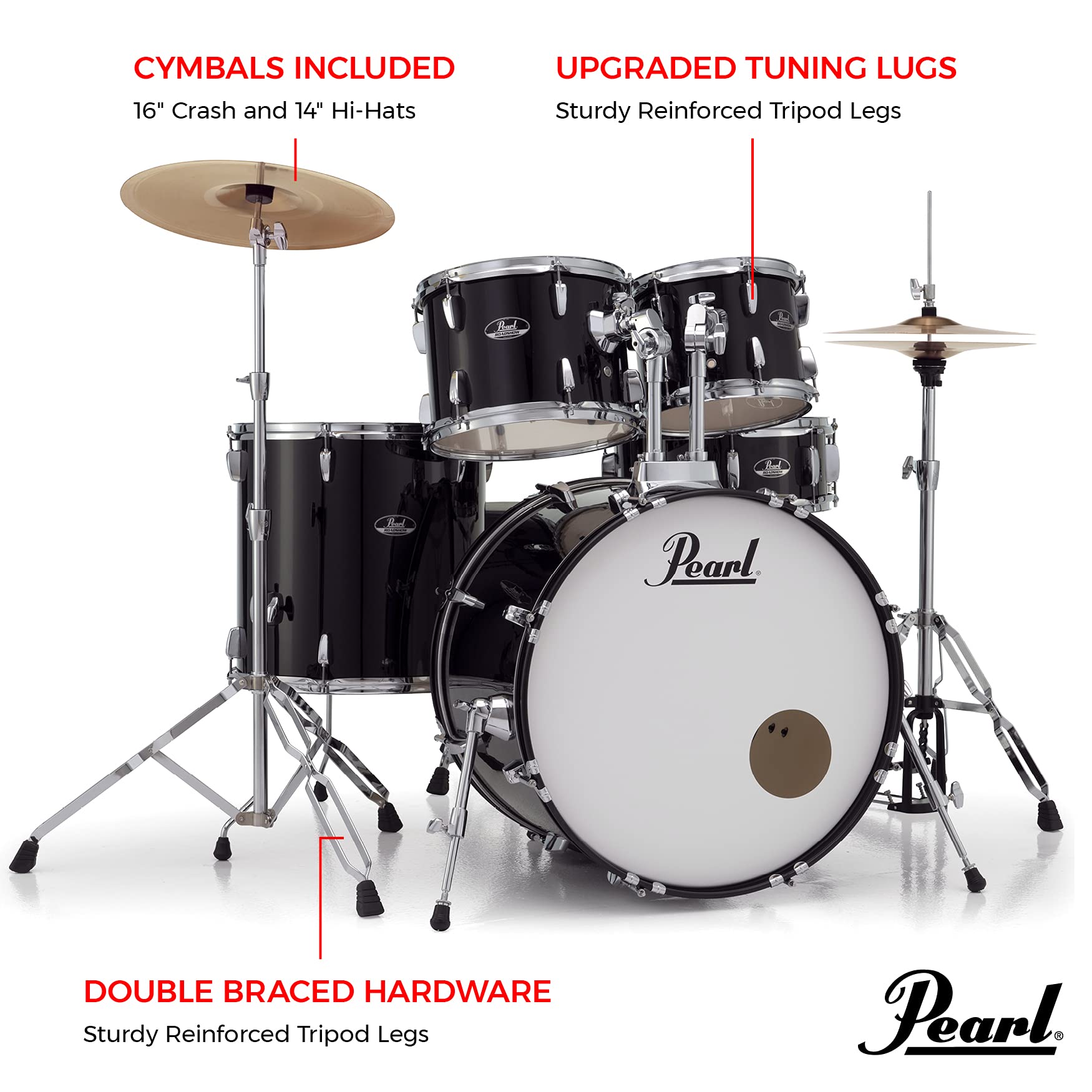 Pearl Roadshow Drum Set 5 Piece Complete Kit With Cymbals And Stands, Jet Black (Rs525Sc/C31)