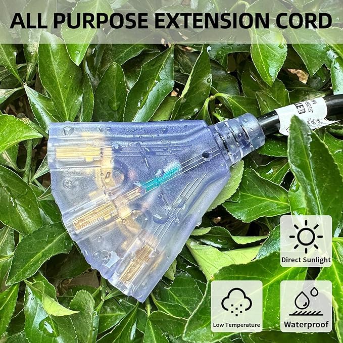 Yojoe 3 Outlets Indoor Outdoor Extension Cord With Lighted End, 3 Prong 13A Weatherproof Power Cord, 16 Gauge Heavy Duty 8 Ft Bl