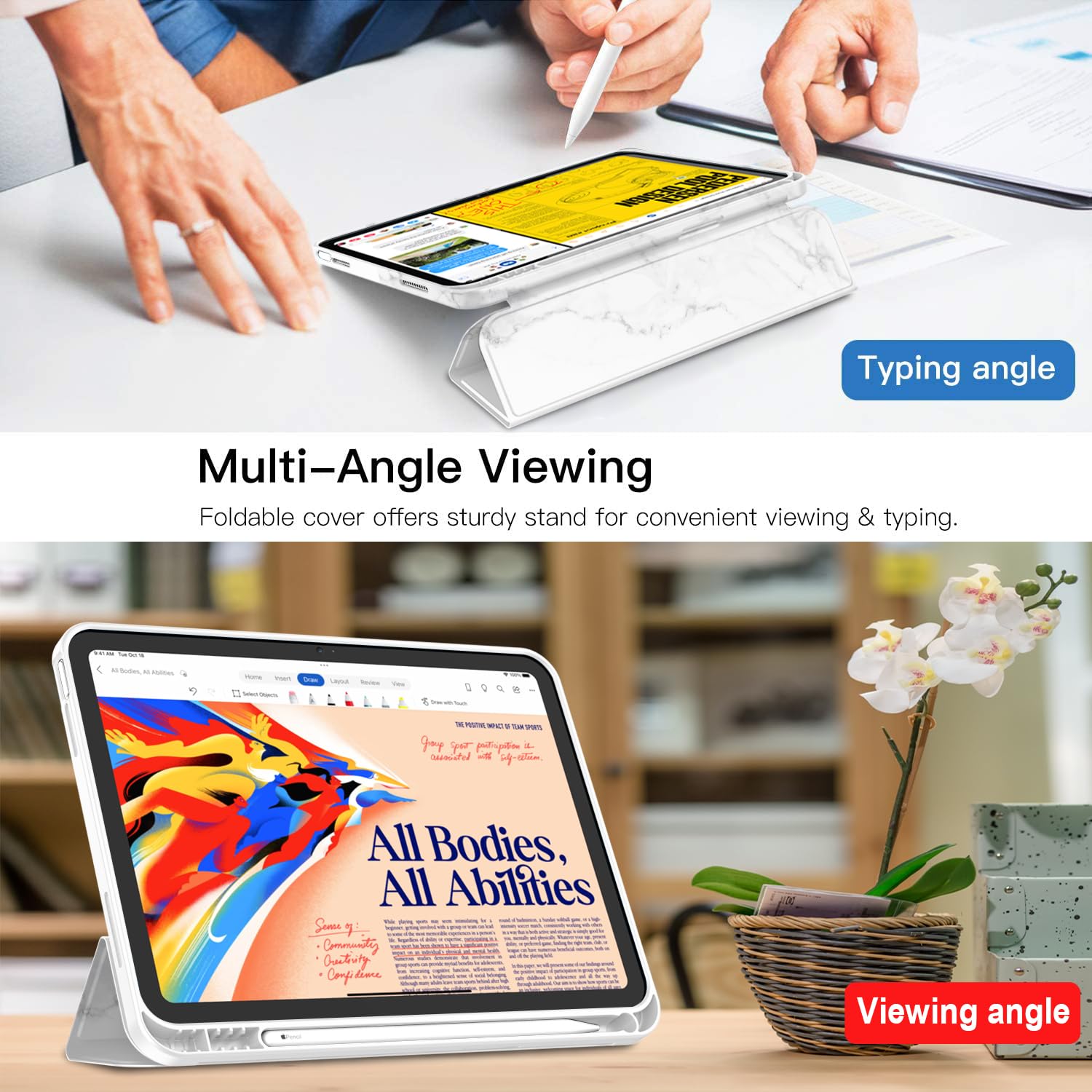 Imieet New Ipad 10Th Generation Case 2022 10.9 Inch With Pencil Holder, Trifold Stand Smart Case With Soft Tpu Back,Auto Wake/Sleep(New Marble White)