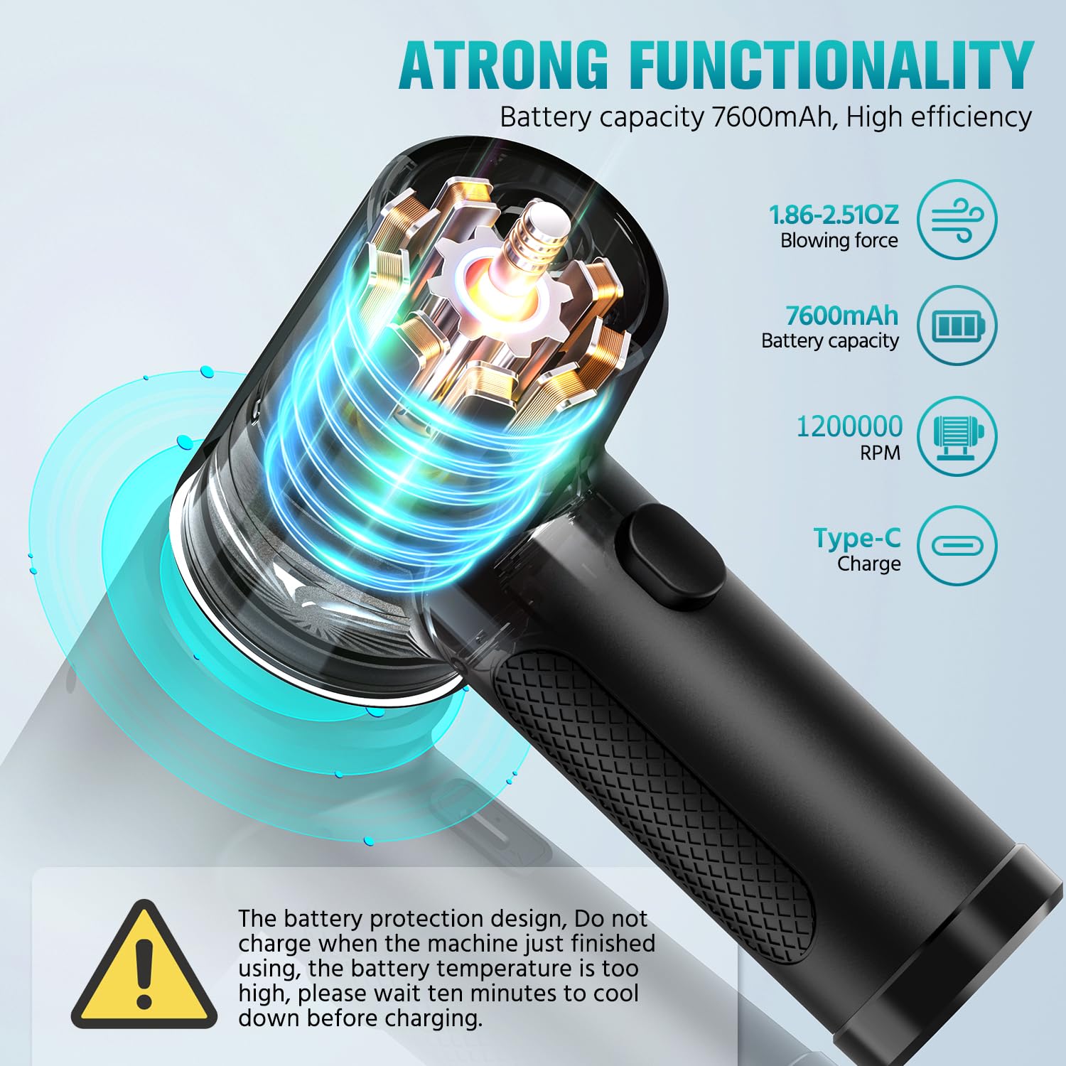 Compressed Air Duster Electric  12,0000Rpm  Air Duster With Led Light, 3 Gear 7600Mah Rechargeable Jet Dryer Blower For Computer