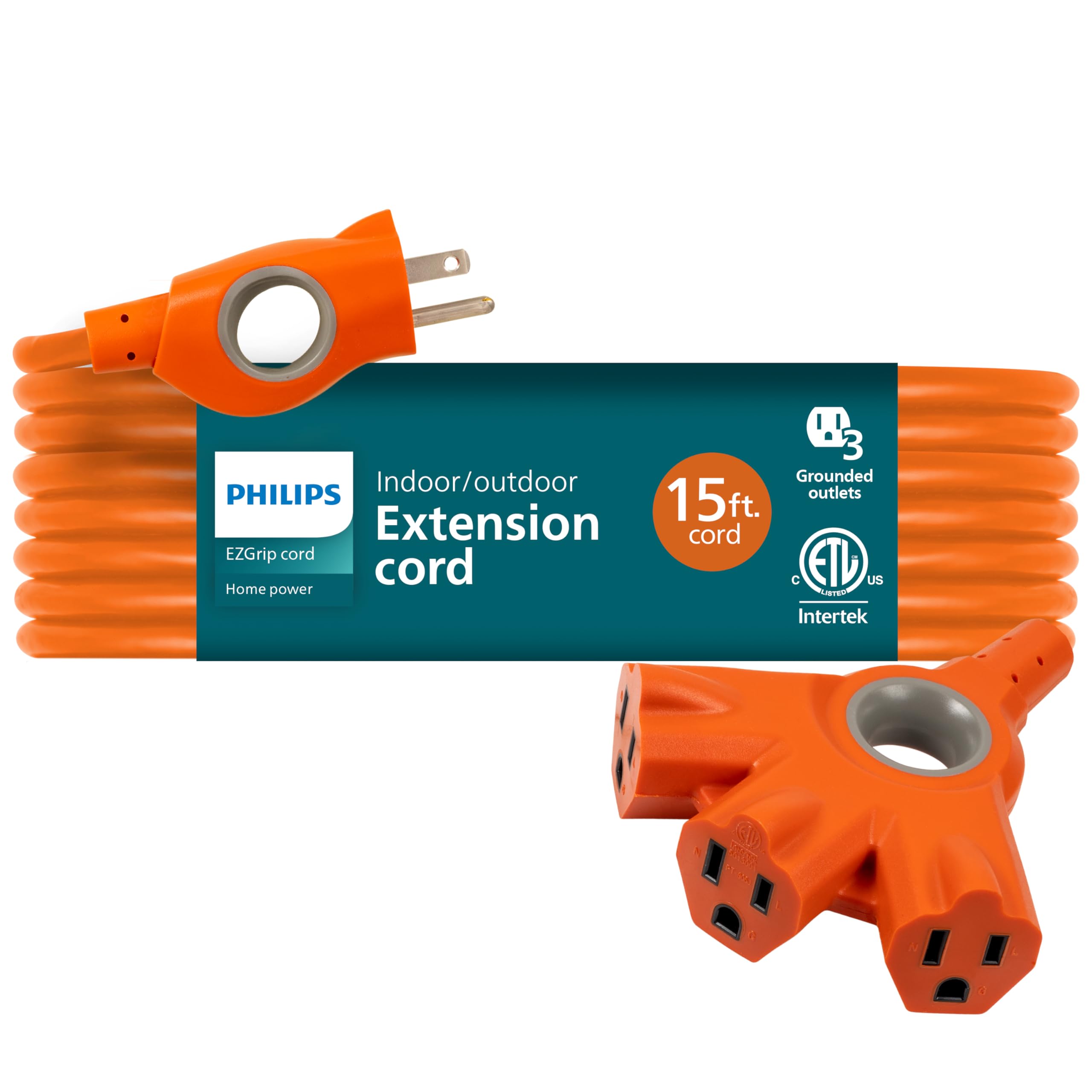 Philips Ezgrip Outdoor Extension Cord With Multiple Outlets, Grounded 3 Prong Cord, Long Extension Cord Indoor With Multiple Out