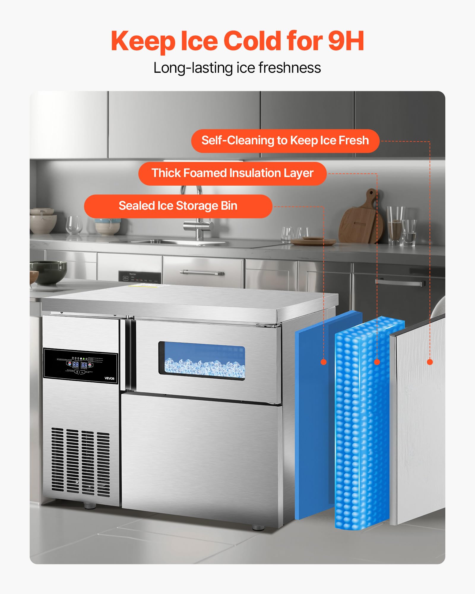 Vevor Commercial Ice Maker Machine, 220 Lbs/24H Stainless Steel Ice Machine With Worktop, 66 Lbs Ice Storage Bin & Touch Screen,