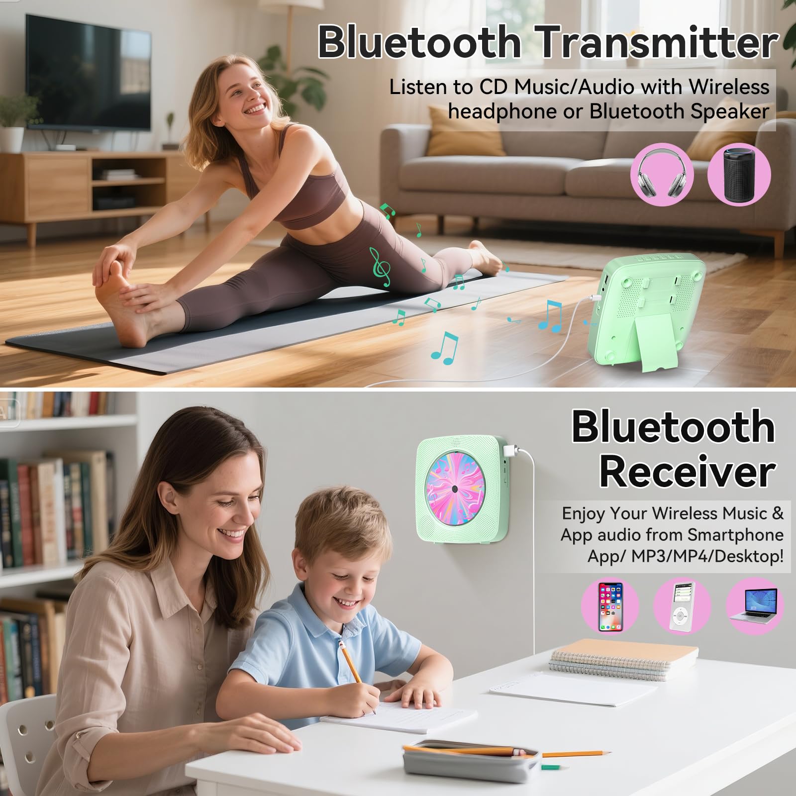 Cd Player Portable Bluetooth Rechargeable: Cd Players For Home With 1800Mah Kegaudio Desktop Wall Cd Player With Speakers With D