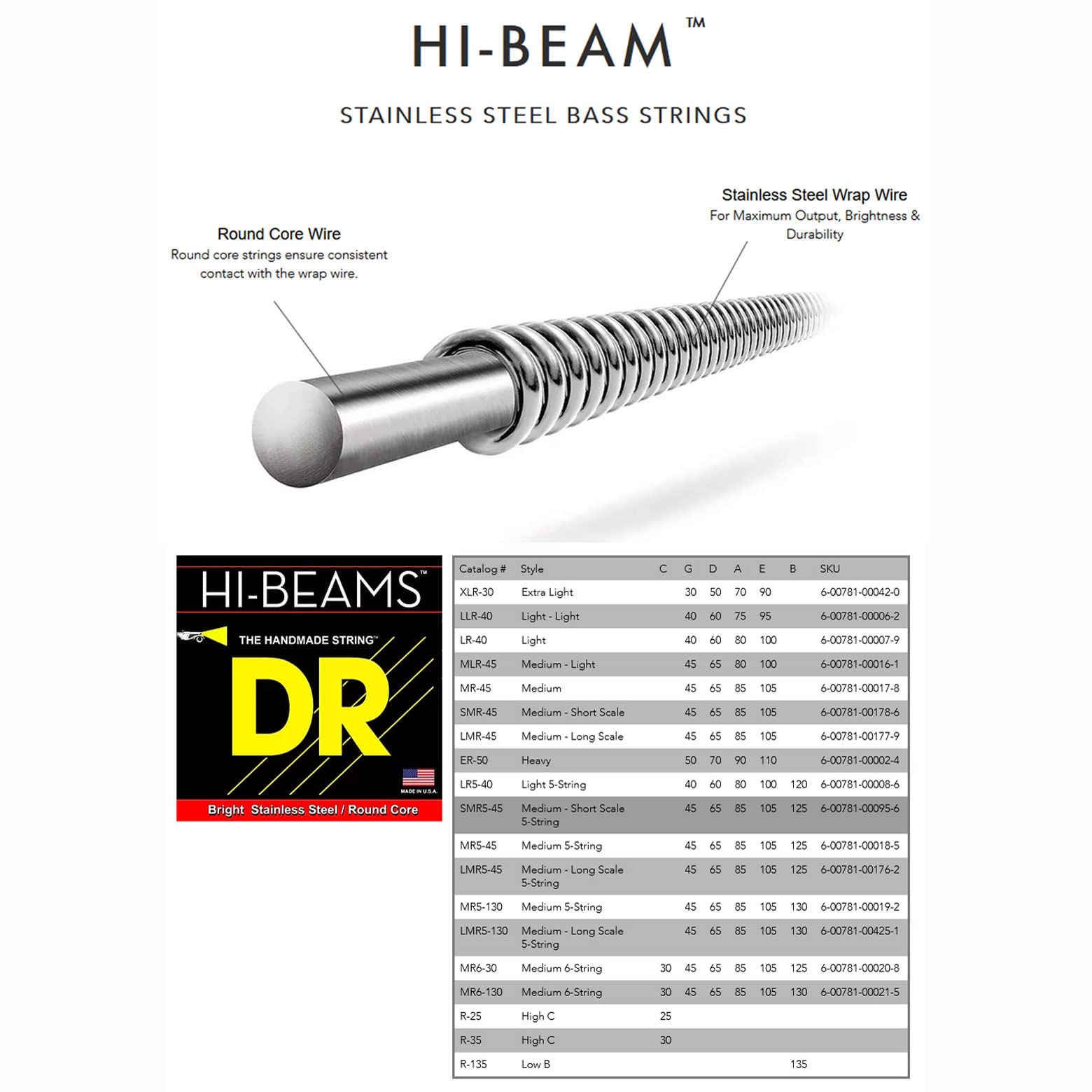 Dr Strings Hi Beams   Stainless Steel 5 String Bass Guitar Strings X Long Scale, 45 125, Round Core