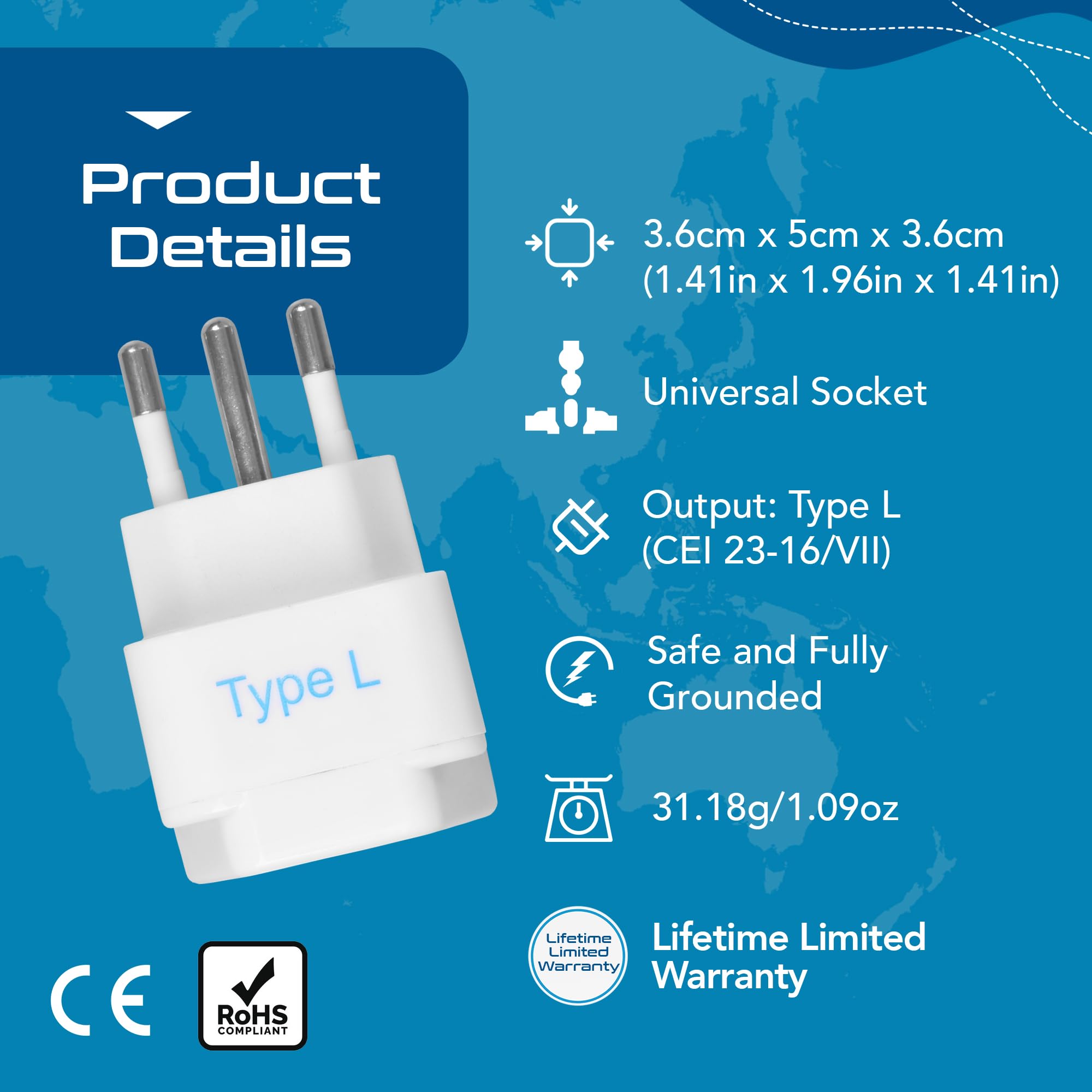 Ceptics Italy Power Adapter, Type L Plug Adapter, Universal Travel Adapter Chile, Italy Travel Adapter Plug Perfect For Rome, Lybia, Tunisia, Uruguay, Gp 12A   White (3 Pack)