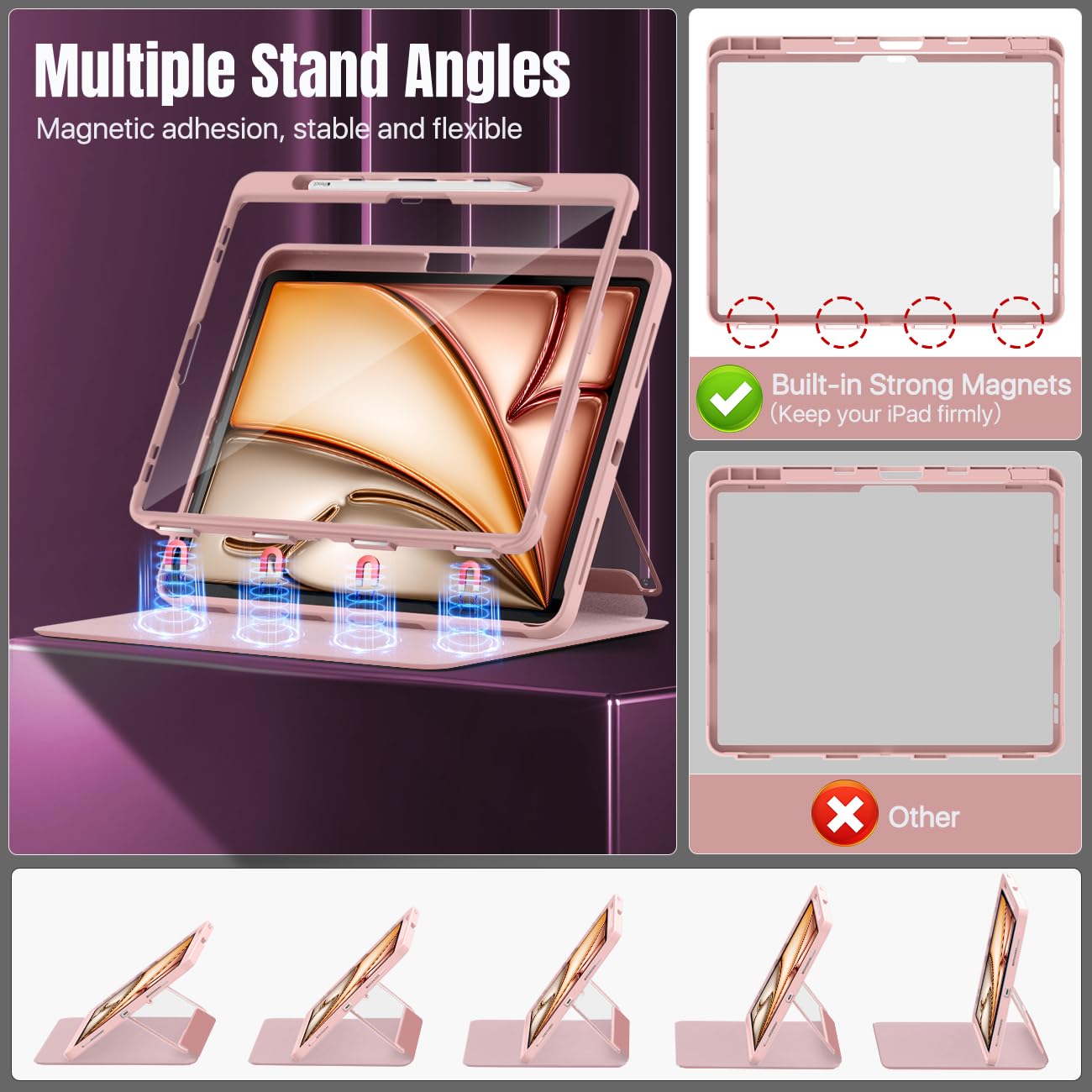 MoKo for iPad Air 13 Inch Case M2 2024 with Pencil Holder, iPad Air 13 Case, [Built in Screen Protector], iPad Air 13' Case with Clear Back & Magnetic Multi Angle Stand Cover, Rose Gold