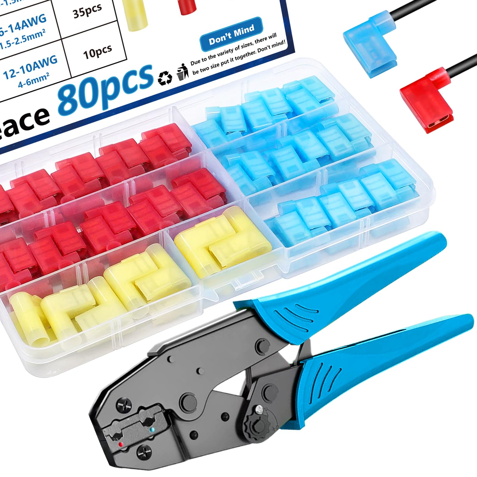 Smseace 81Pcs Right Angle Spade Connectors With Flag Terminal Crimper 22 18/16 14/12 10Awg Quick Disconnect Flag Connector + Ele
