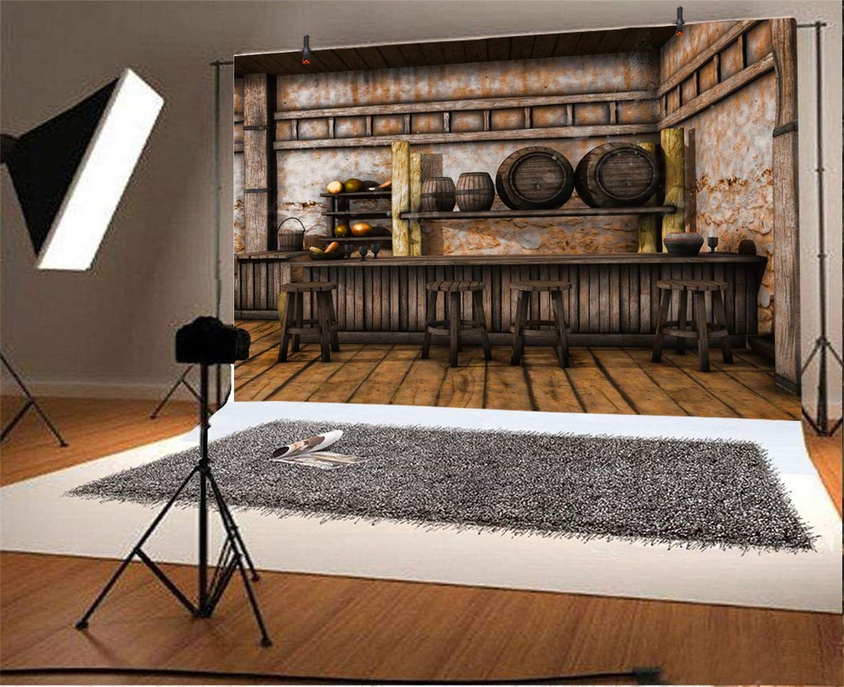 Laeacco 7X5Ft Shabby Saloon Tavern Interior Vinyl Photography Background Rustic Old Wall Wooden Bar Counter Tables Chairs Backdr