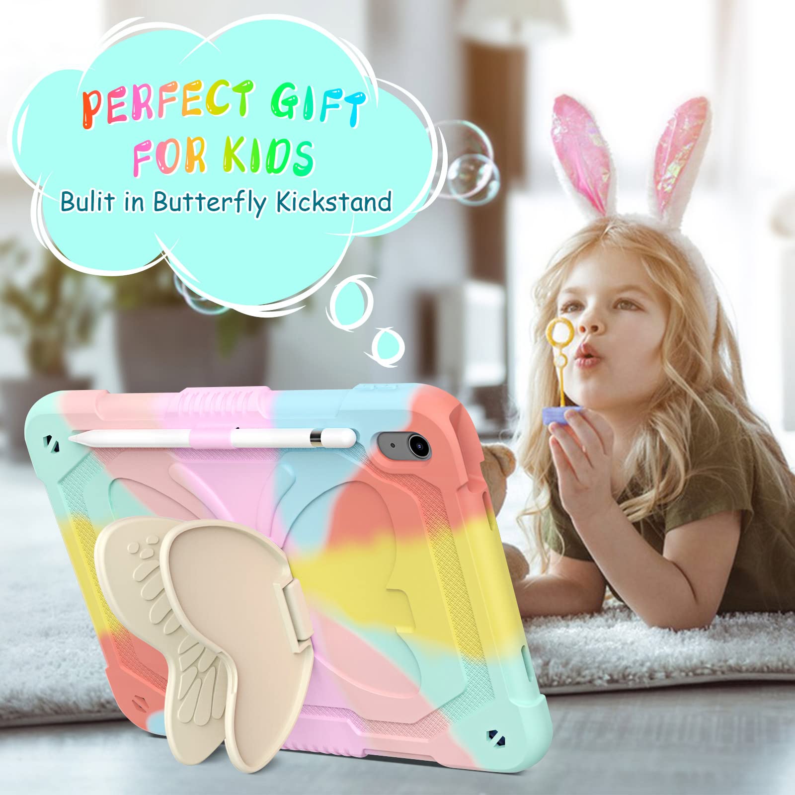 Ambison Case For Ipad (A16) 11Th/10Th Generation (2025/2022) 11''/10.9'' For Kids Girls With 9H Tempered Glass Screen Protector, Heavy Duty Protective With Butterfly Stand, Carrying Strap Multicolor