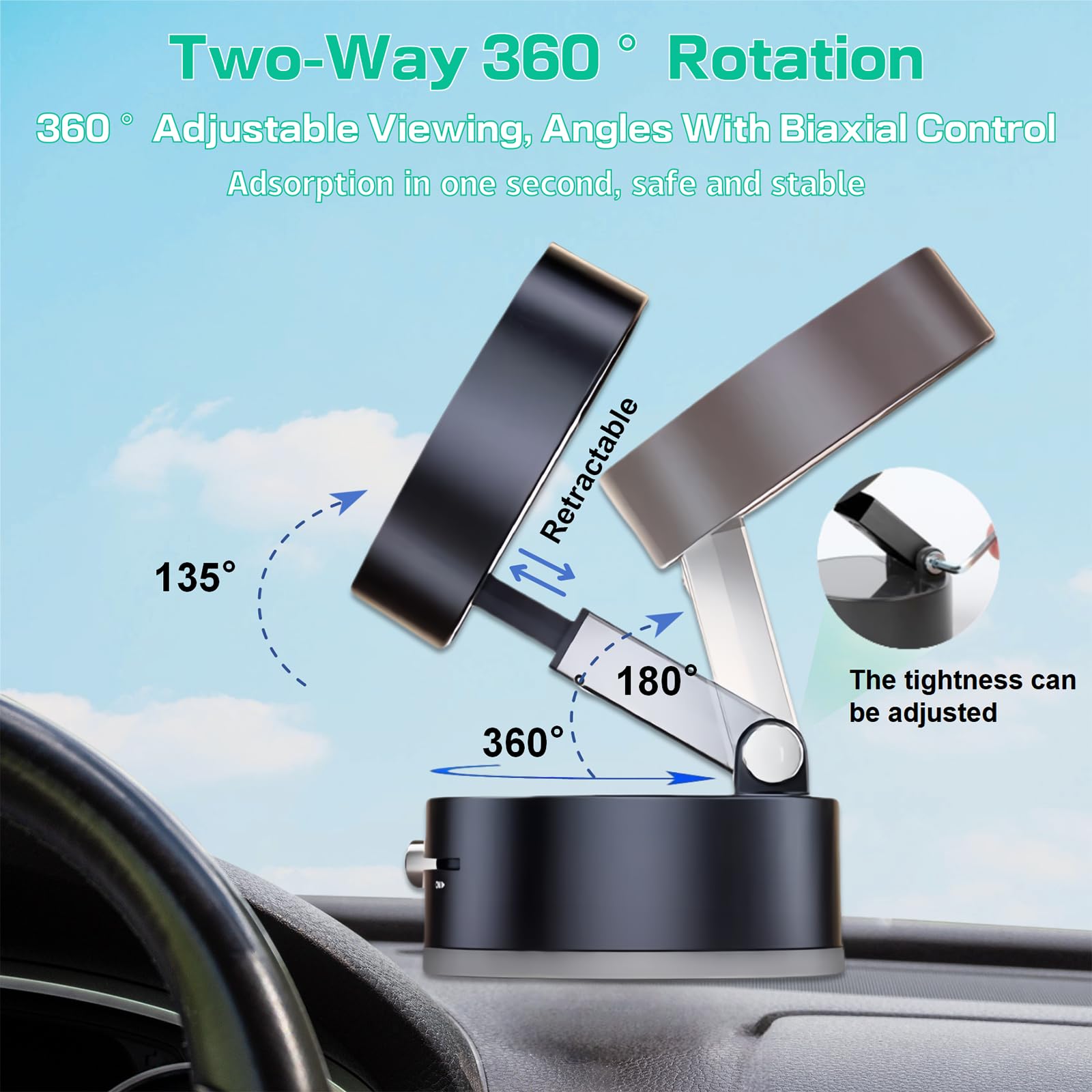 Vacuum Suction Magnetic Phone Holder, Rotatable Magnetic Suction Cup Phone Mount, For Car/Mirror/Smooth Surface, Foldable And Re