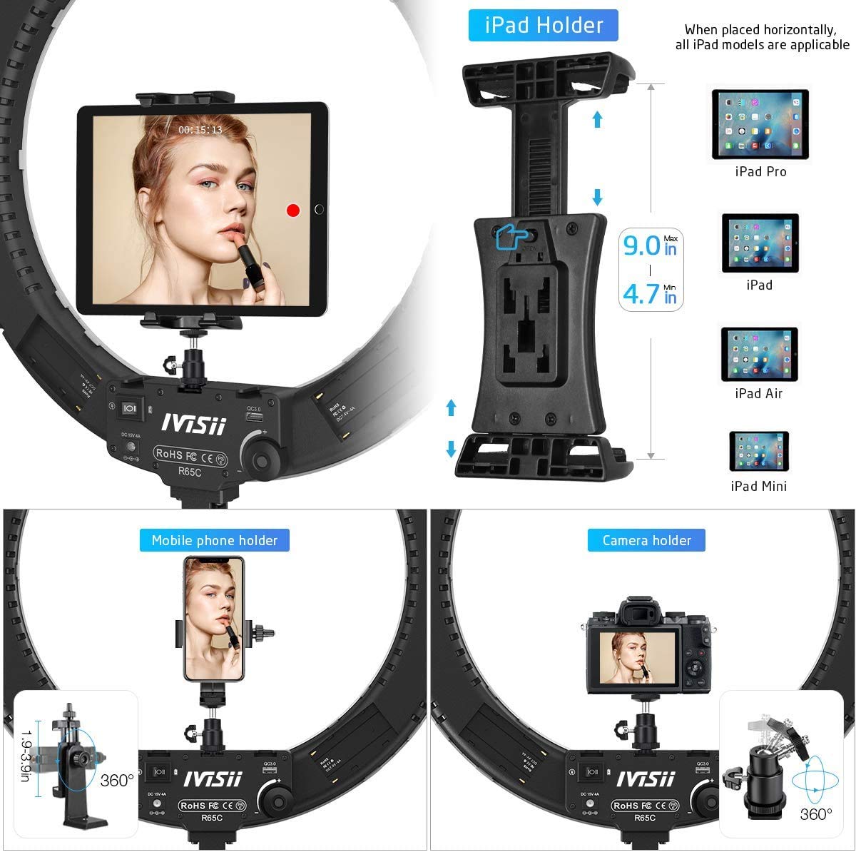 IVISII 19" Bi-Color Ring Light with Stand & Phone Holder, 60W, Black - Perfect for Live Streaming, Makeup, YouTube, TikTok, Zoom, Photography