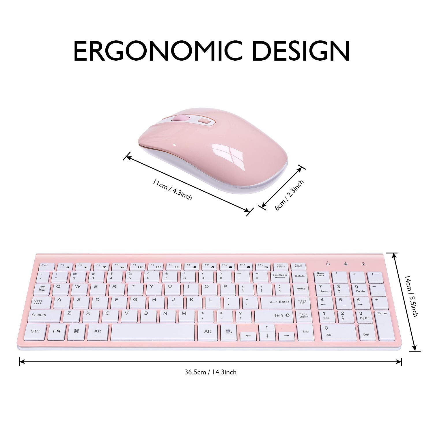 Cimetech Wireless Keyboard And Mouse Combo, Compact Full Size Pink Wireless Keyboard And Mouse Set 2.4G Ultra-Thin Sleek Design