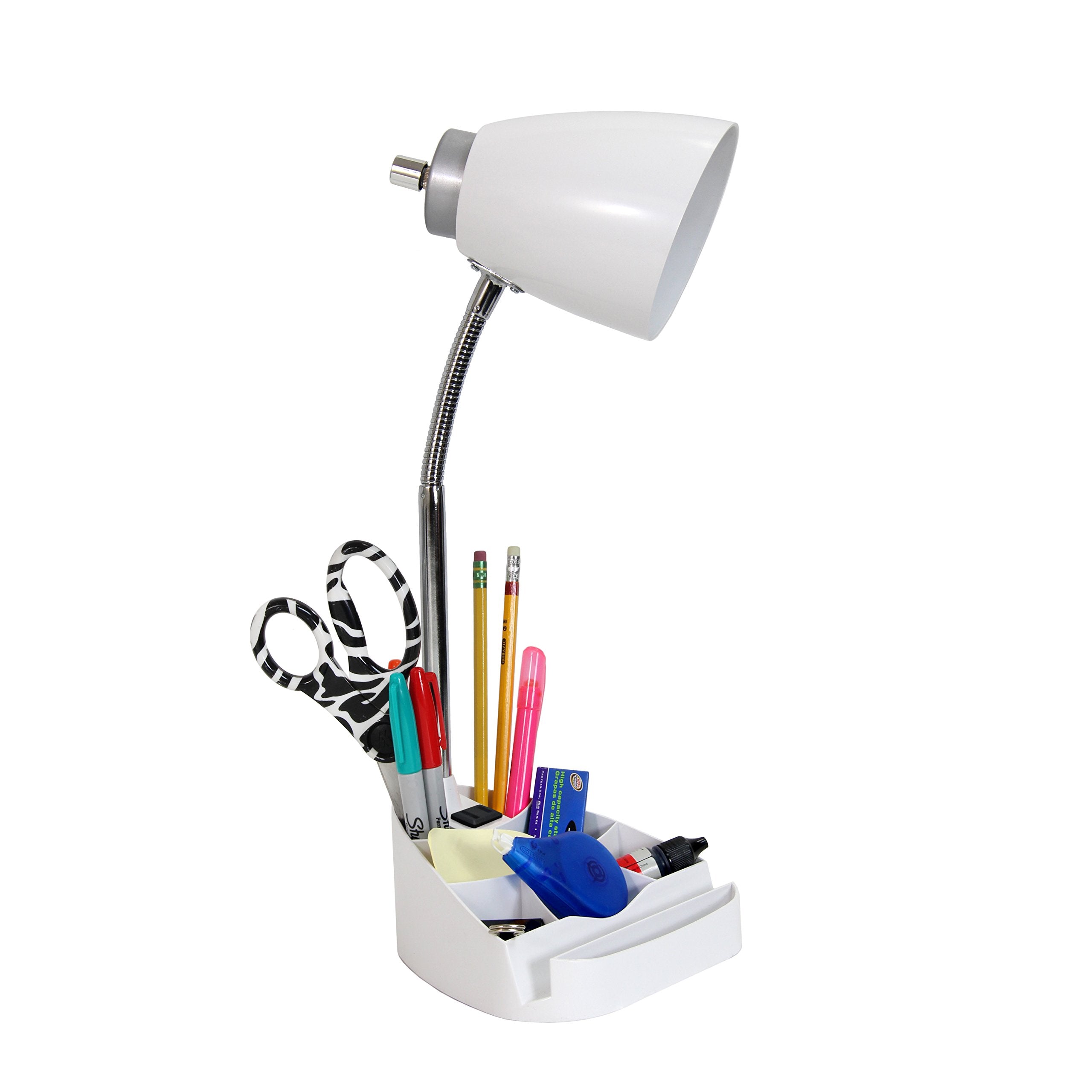 Limelights Ld1057 Wht Gooseneck Organizer Desk Lamp With Ipad Tablet Stand Book Holder And Charging Outlet, White 6.5 X 7 X 18.5