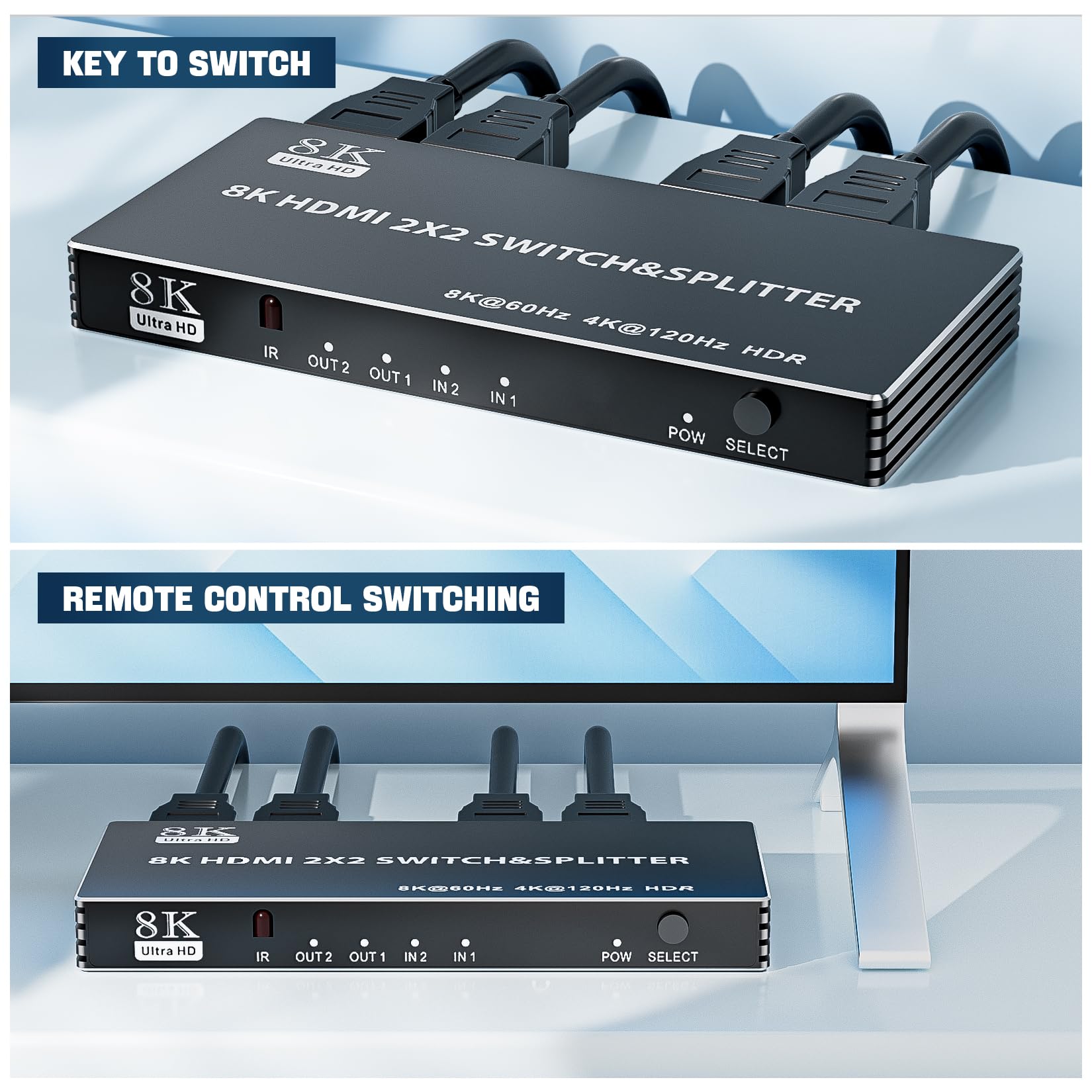 BolAAzuL HDMI 2.1 Switch Splitter 2x2, 8K@60Hz, 4K@120Hz, 40Gbps, HDR, HDCP