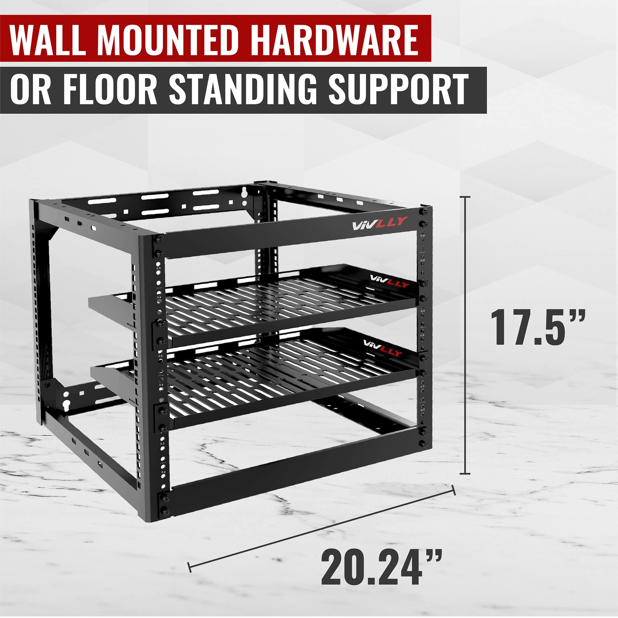 Vivlly 10U Open Frame Rack - Heavy Duty Metal for Networking, Servers, Audio/Video, Black, Wall Mounted or Floor Standing