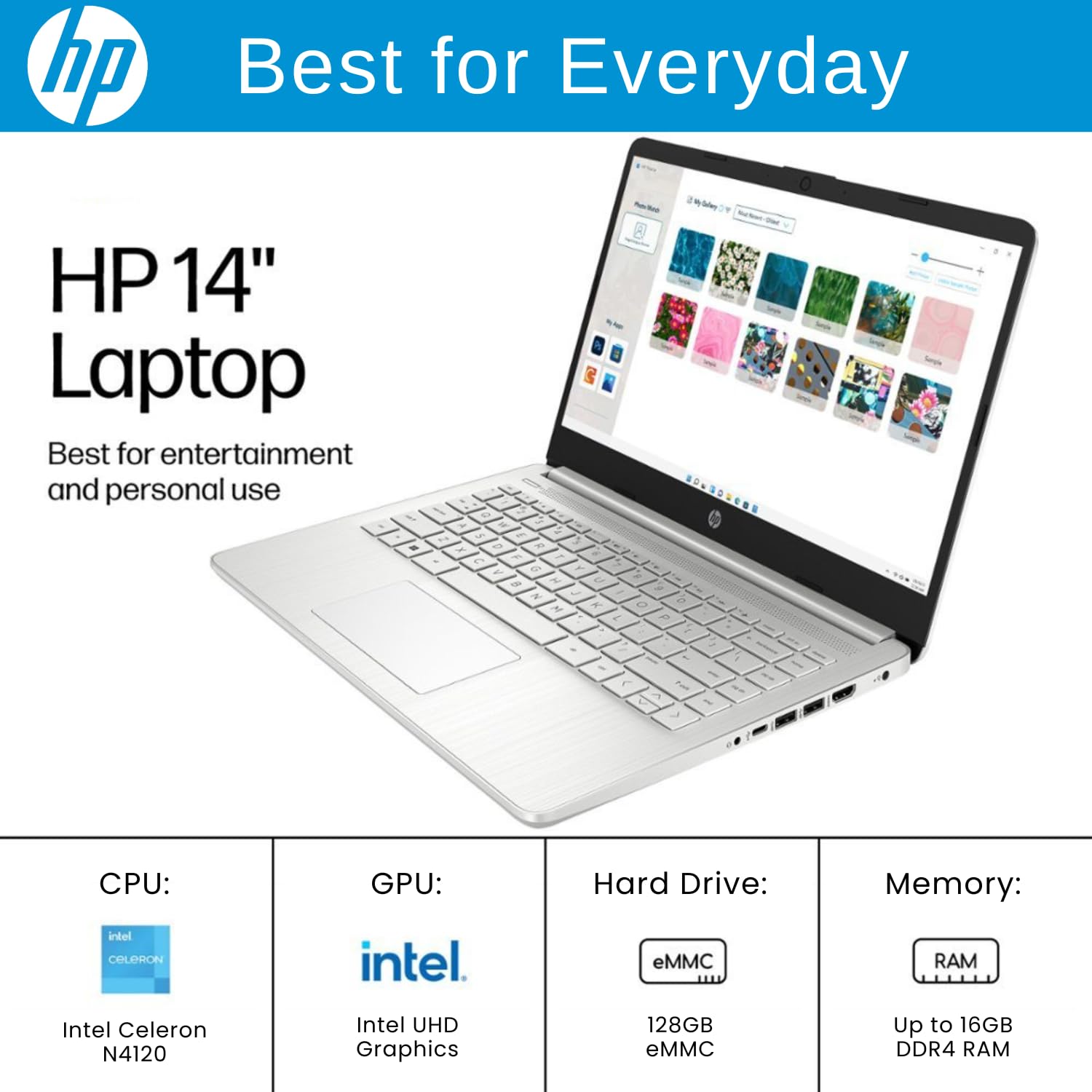 Hp Laptop, 14'' Hd Display, Intel Quad-Core Processor, 16Gb Ram, 640Gb Storage (128Gb + 512Gb External Ssd), Sd Card Reader, 1 Y